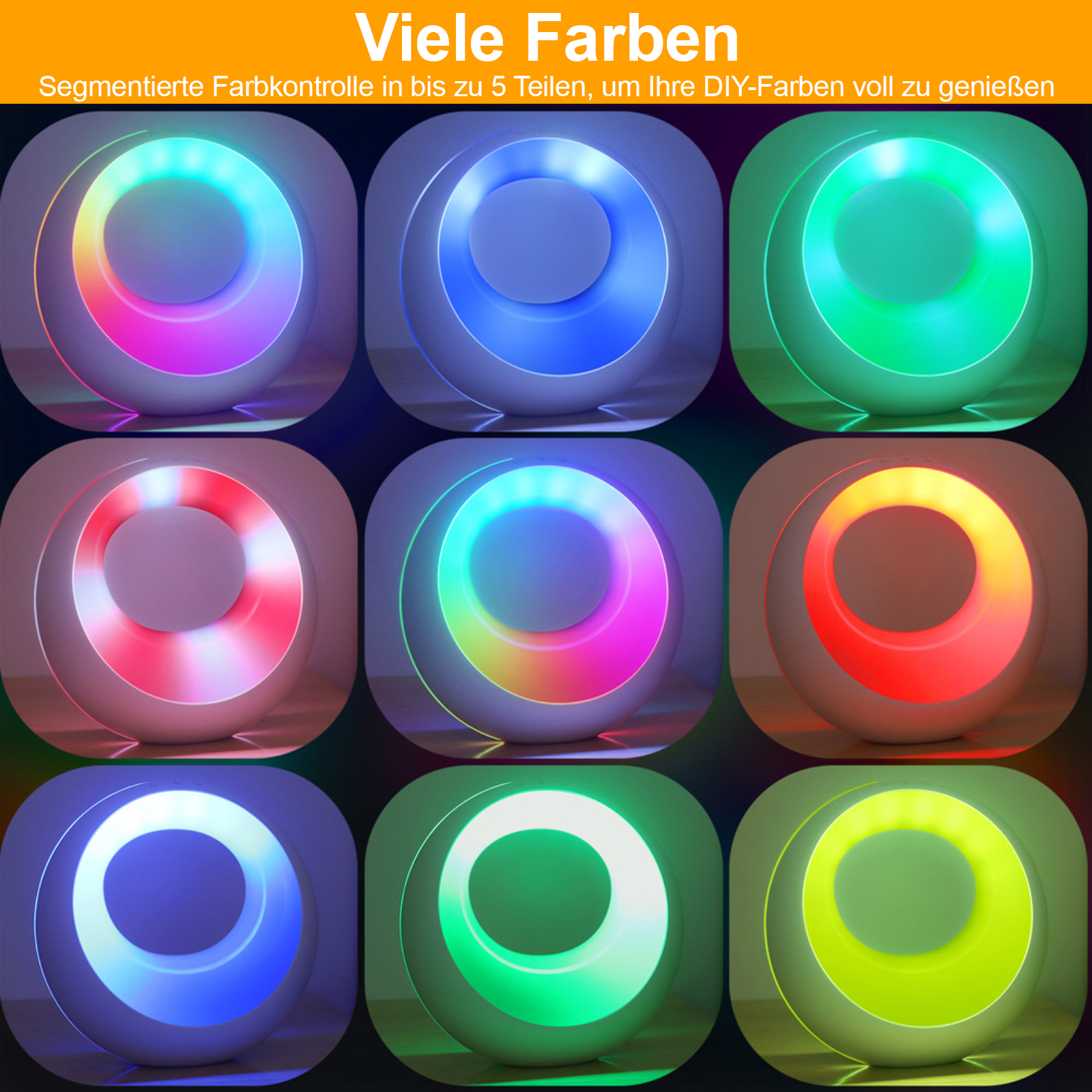 Neun farbige Lichter in einem 3x3 Raster angeordnet, mit deutschem Text darüber.