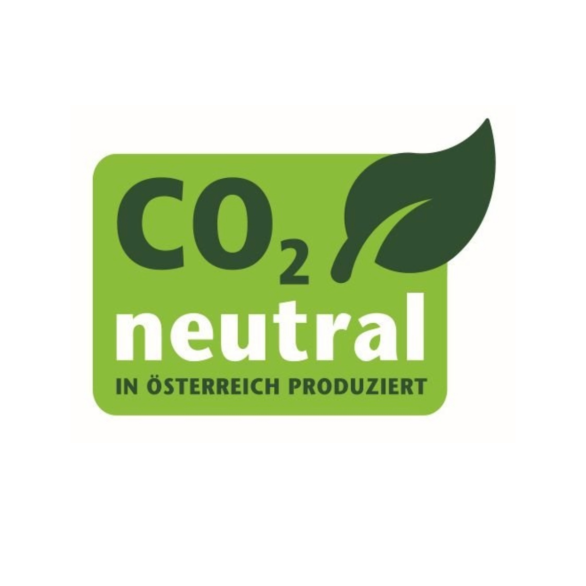 Logo mit grünem Quadrat, Text 'CO2 neutral', Blatt und Text 'IN ÖSTERREICH PRODUZIERT'.
