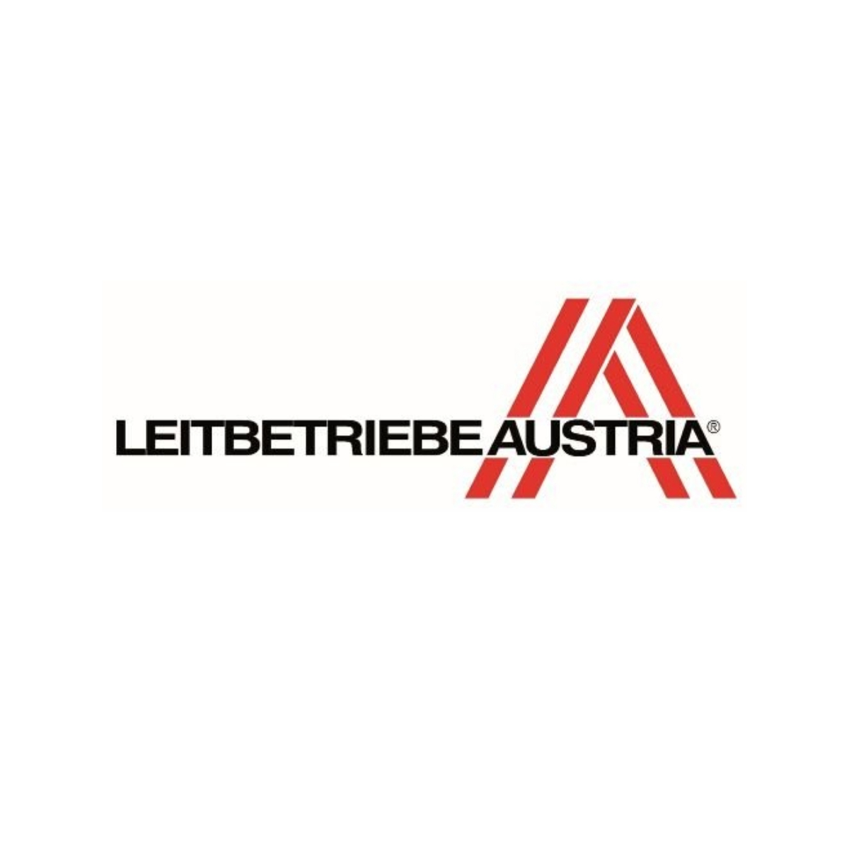 Logo mit roten Winkellinien und Text 'LEITBETRIEBE AUSTRIA' in Schwarz.