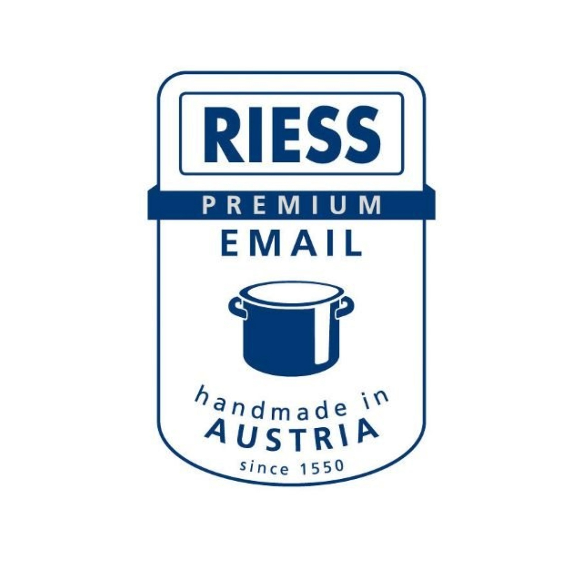Logo mit weißem Topf-Symbol, Text 'RIESS PREMIUM EMAIL' und 'handmade in AUSTRIA'.