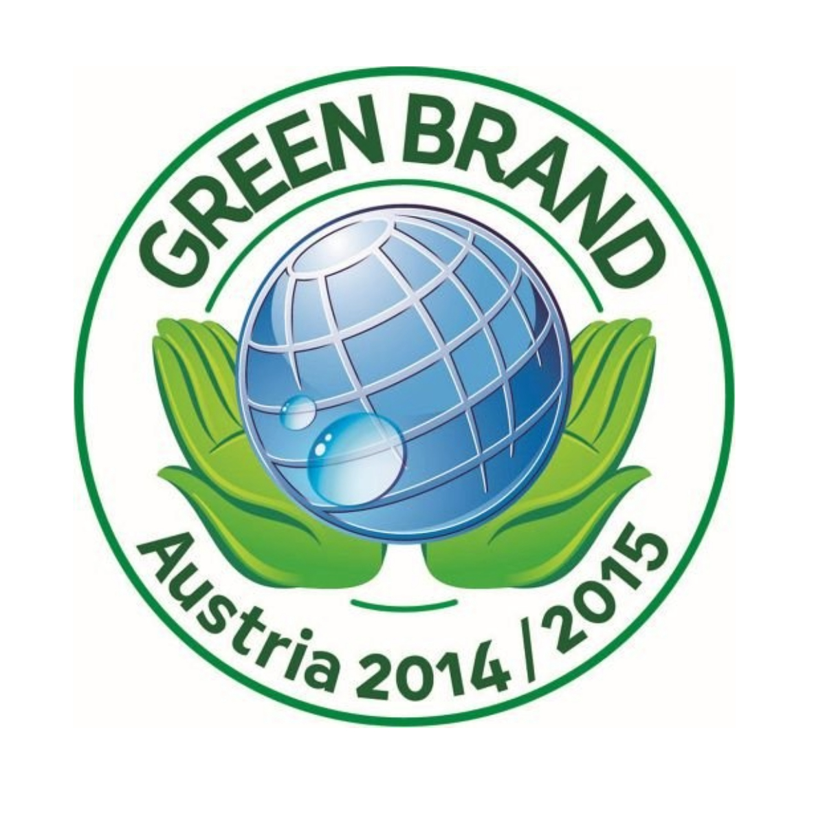 Green Brand Austria 2014/2015 Logo. Eine Weltkugel wird von grünen Händen in einem grünen Kreis gehalten.