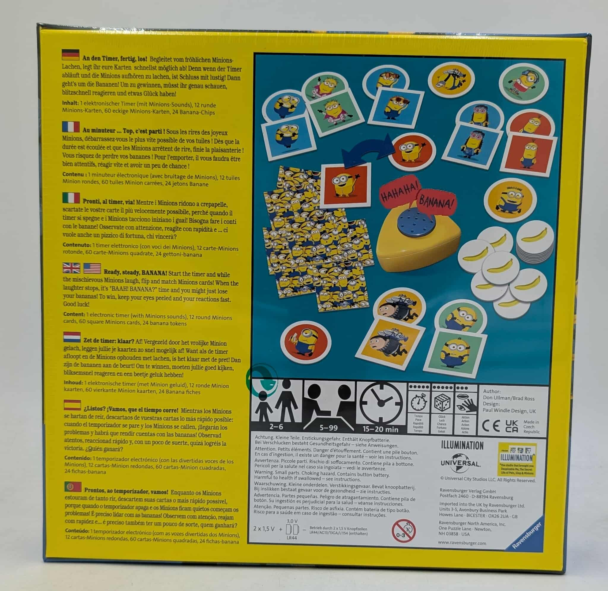 Pudełko z grą z minionkami, z instrukcjami i timerem, na białym tle.
