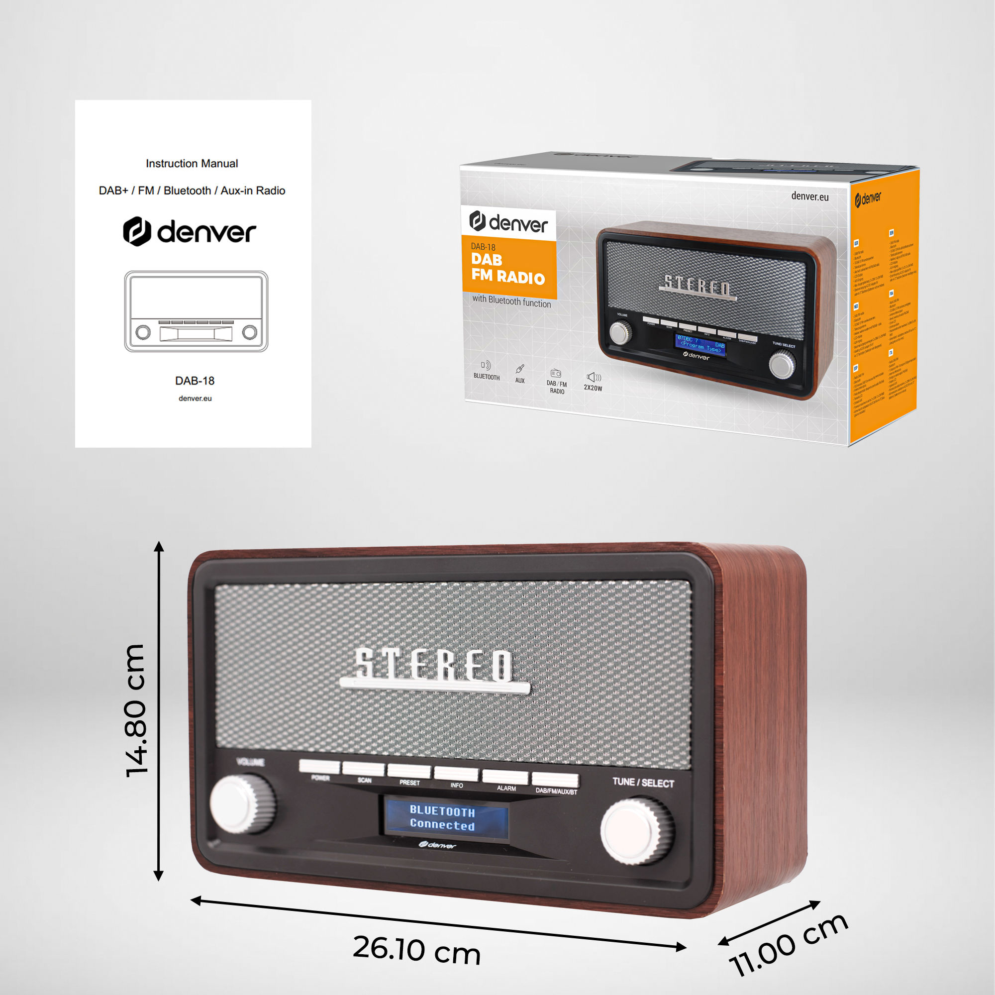 Radio w stylu retro z drewnianym wykończeniem i pudełkiem po prawej. Instrukcja obsługi po lewej.