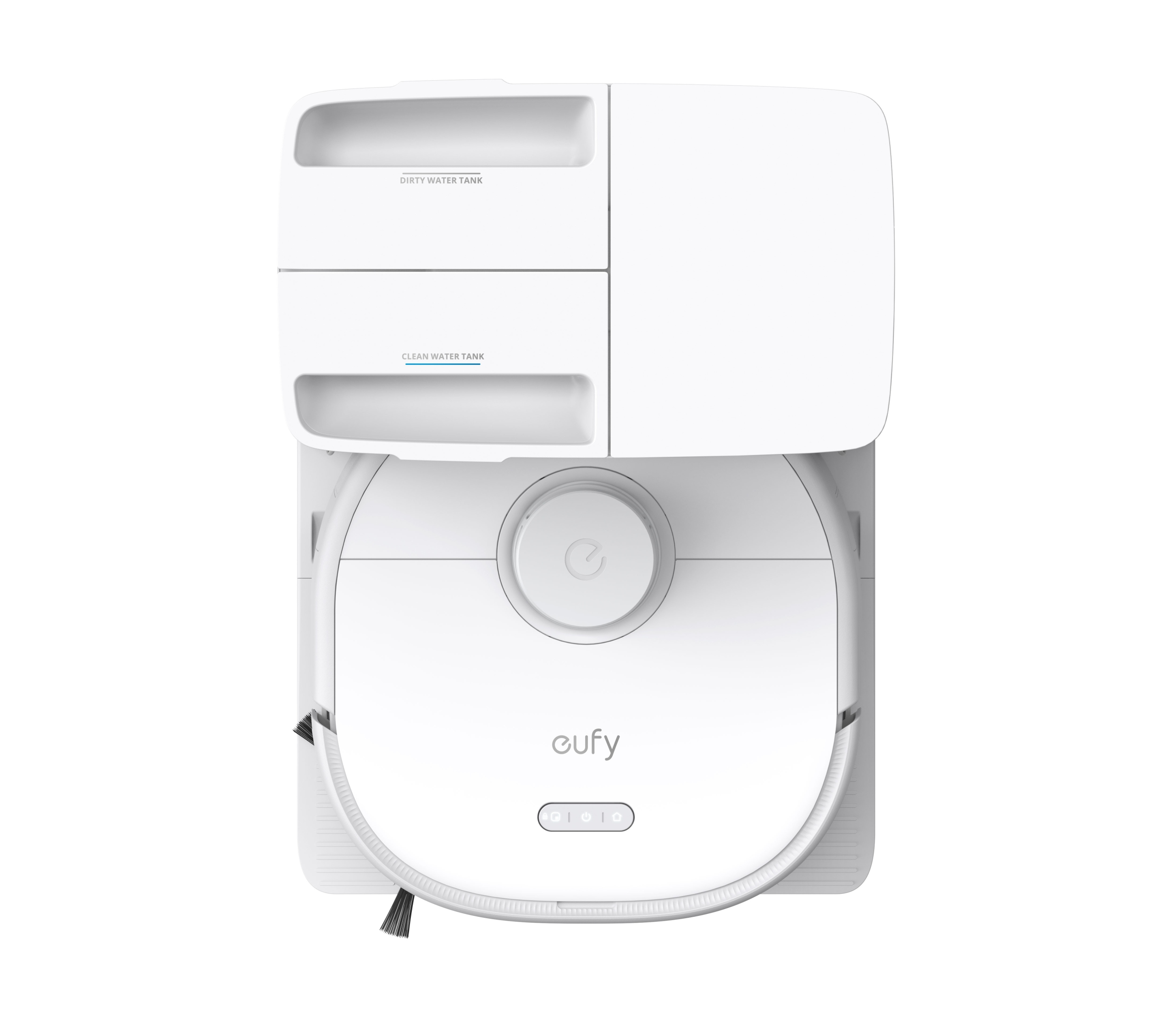 Widok z góry białego robota odkurzacza ze stacją ładującą na białym tle. Ma logo 'eufy'.