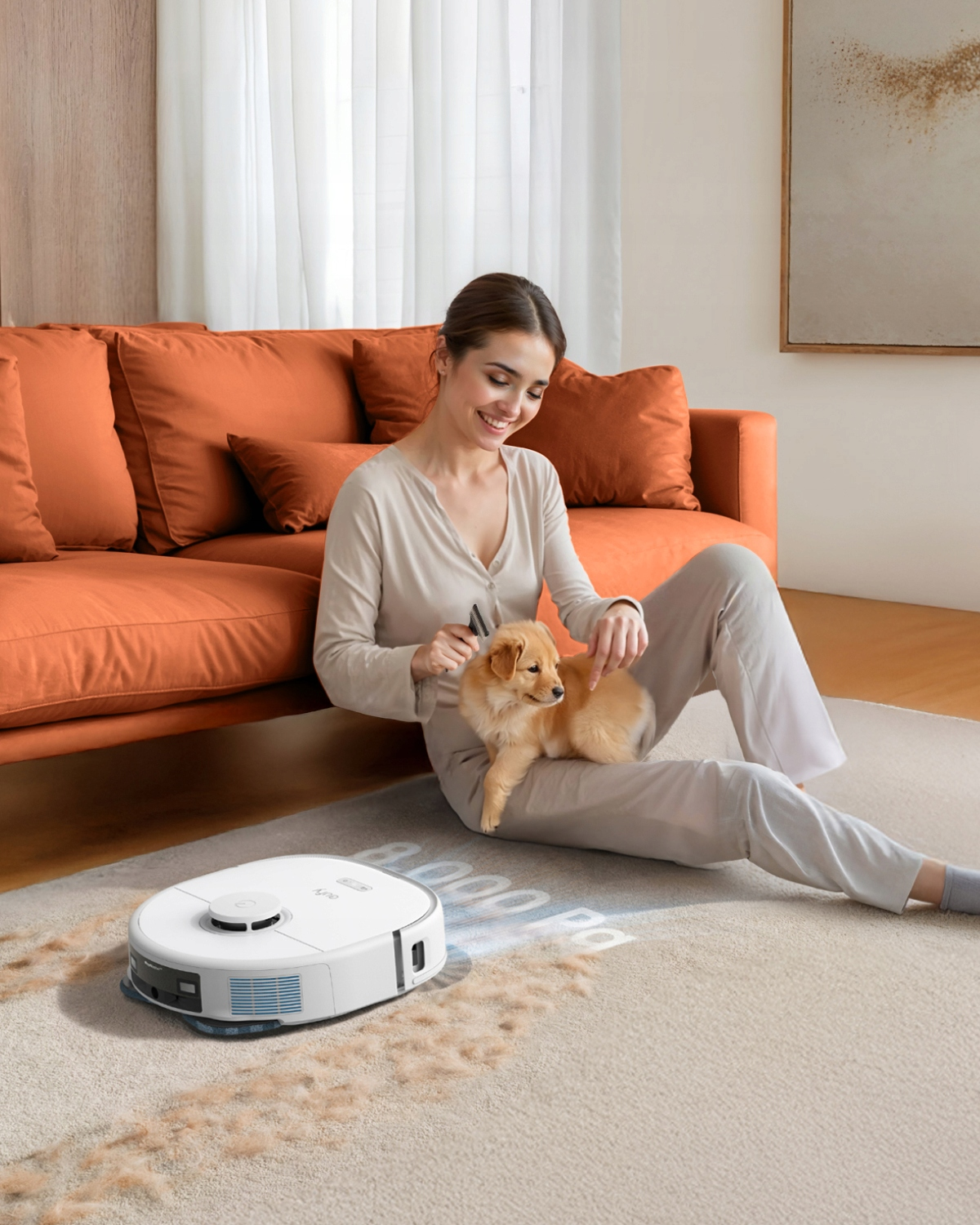 Kobieta szczotkuje małego psa na dywanie. Na podłodze stoi robot sprzątający. W tle pomarańczowa sofa.
