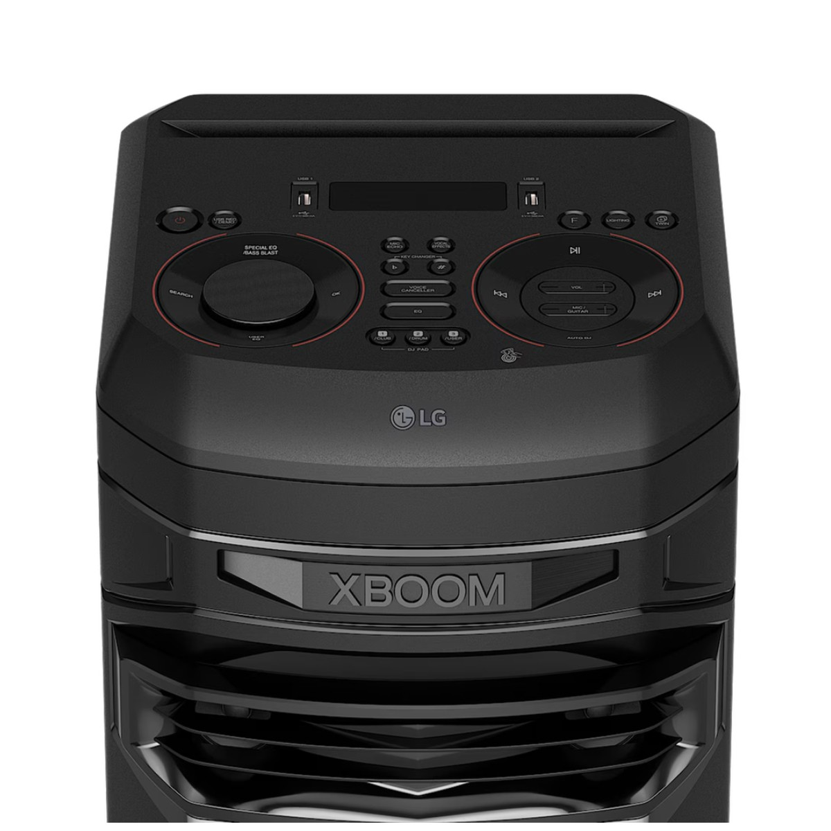Un altoparlante LG XBOOM nero. Ha pulsanti di controllo, uno schermo e il logo XBOOM sul davanti.