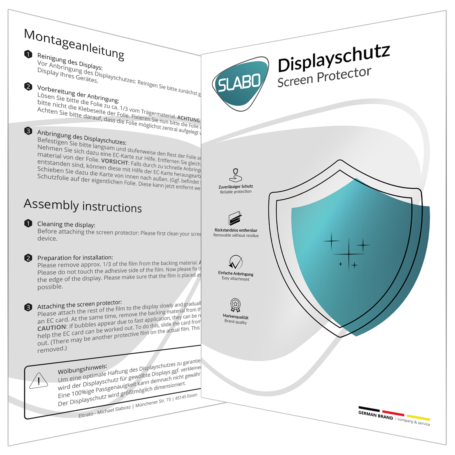 Eine Displayschutzfolienverpackung mit Anweisungen und einer Displayschutzfoliengrafik.