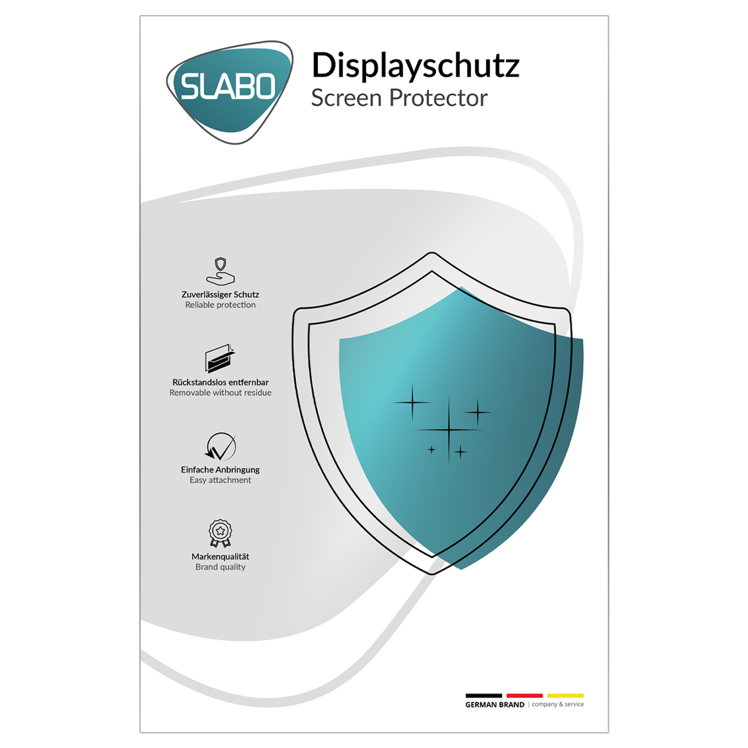 Produktpräsentation eines Displayschutzes. Enthält Markenlogo, Schildgrafik und Textbeschreibungen, darunter deutsche und englische Texte.
