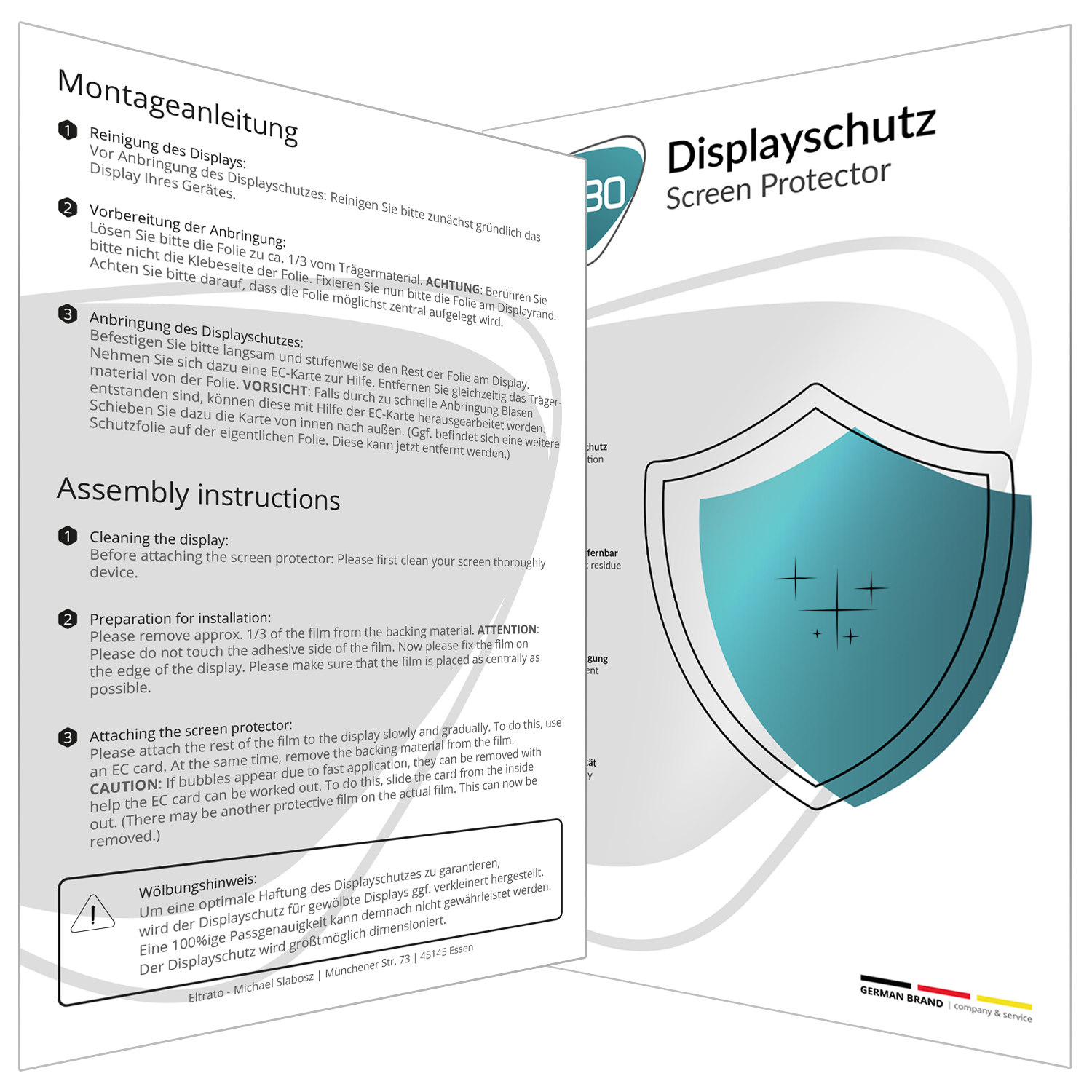 Produktverpackung mit Anweisungen und einem Displayschutz. Enthält deutsche und englische Texte sowie eine schildförmige Grafik.