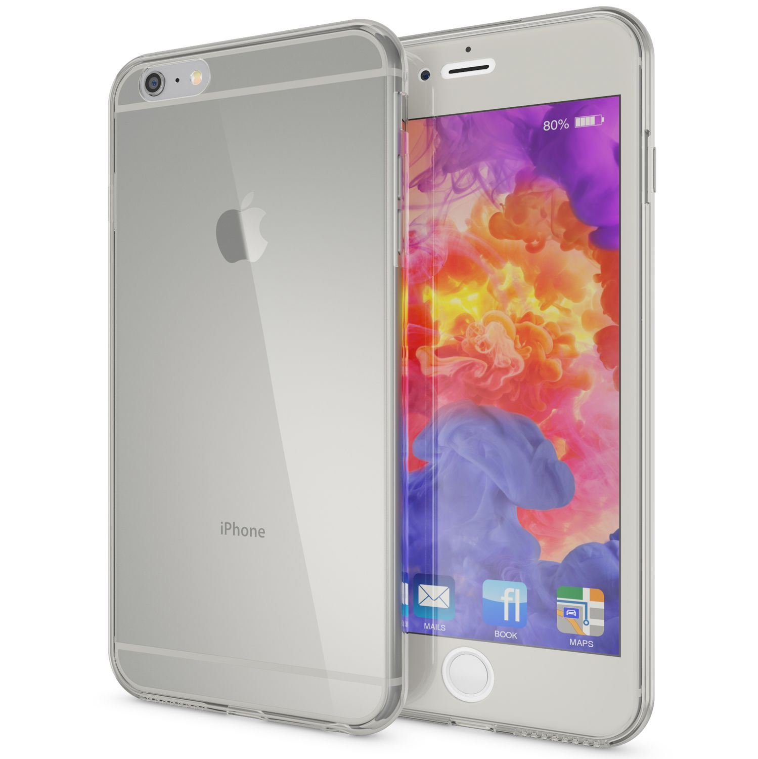 Ein Telefon in einer transparenten Hülle. Der Hintergrund ist ein farbenfrohes Aquarelldesign mit den Worten IPHONE und anderen Symbolen.