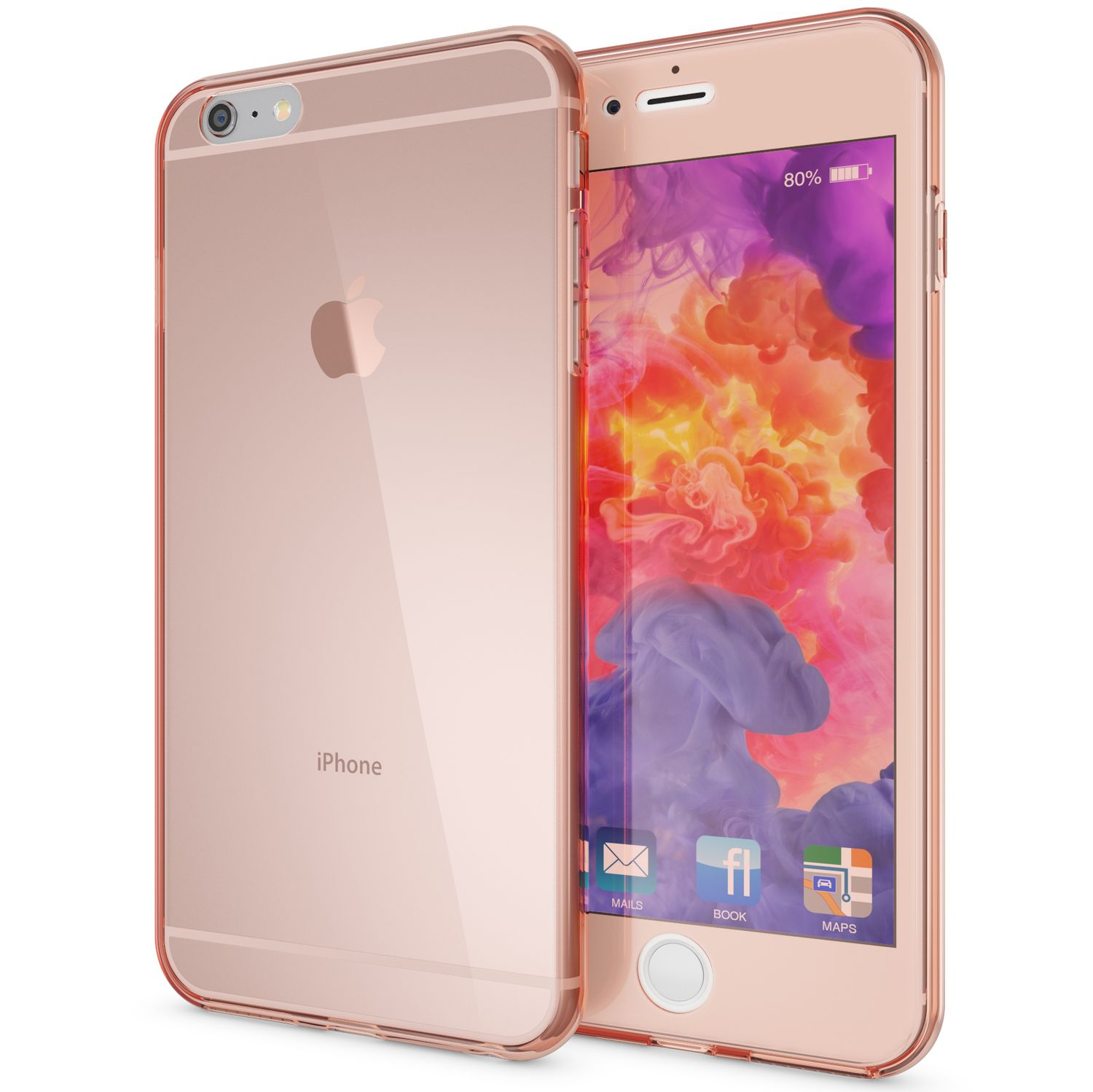 Ein roségoldenes iPhone wird mit einer transparenten Hülle präsentiert. Der Telefonbildschirm zeigt App-Symbole.