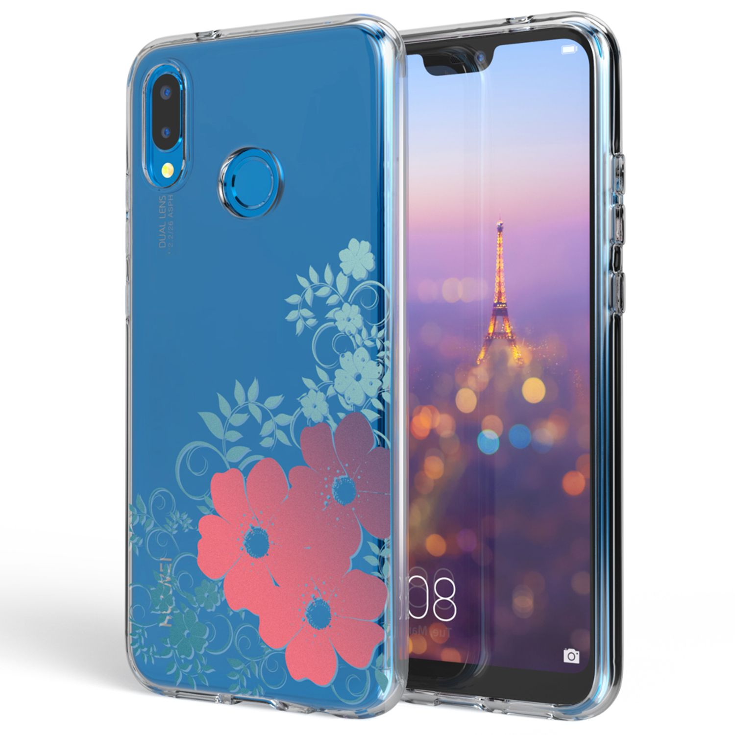 Ein Telefon mit blauer Hülle mit rosa und weißen Blumen, Stadtansicht sichtbar.