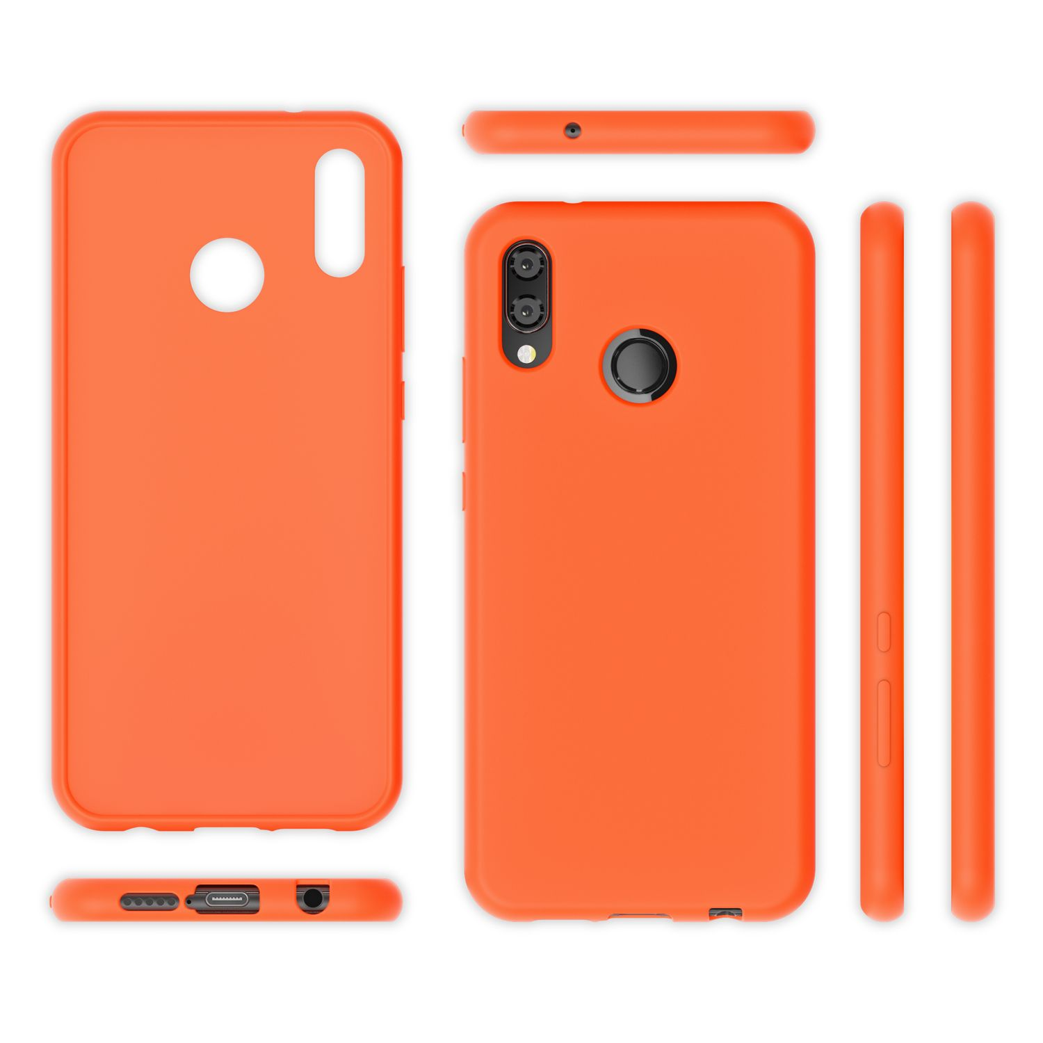 Mehrere Ansichten einer orangen Handyhülle. Sie hat einen Kameraausschnitt und Tasten.