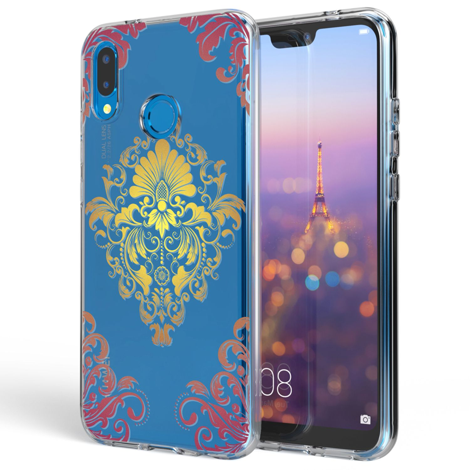 Ein Telefon mit blauer Hülle mit goldenem Blumenmuster, Stadtansicht sichtbar.