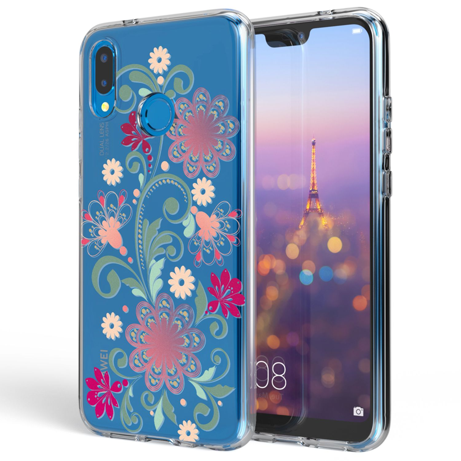 Ein Telefon mit blauer Hülle mit rosa Blumen, Stadtansicht sichtbar.