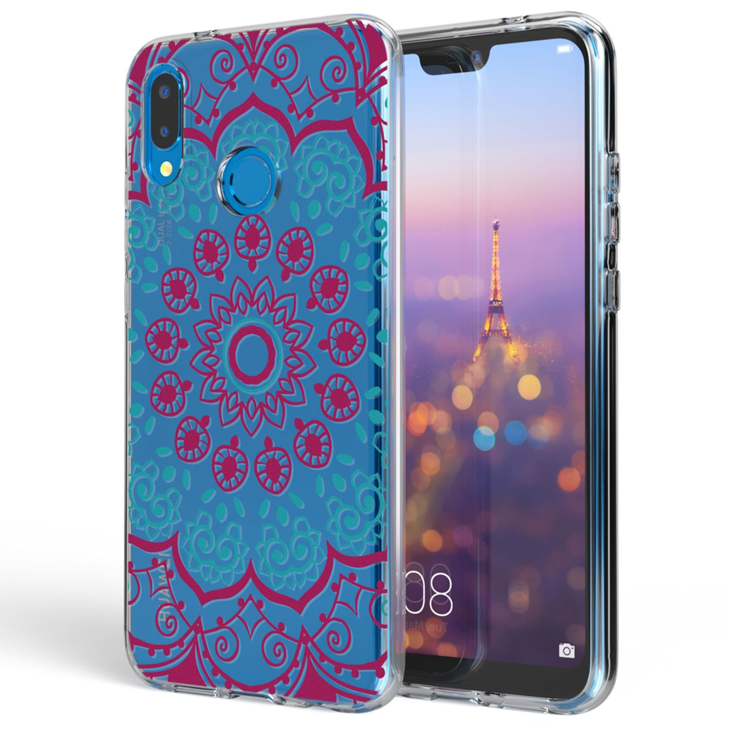 Ein Telefon mit einer transparenten Hülle. Die Hülle hat ein Mandala-Design in Rot und Türkis auf blauem Hintergrund.