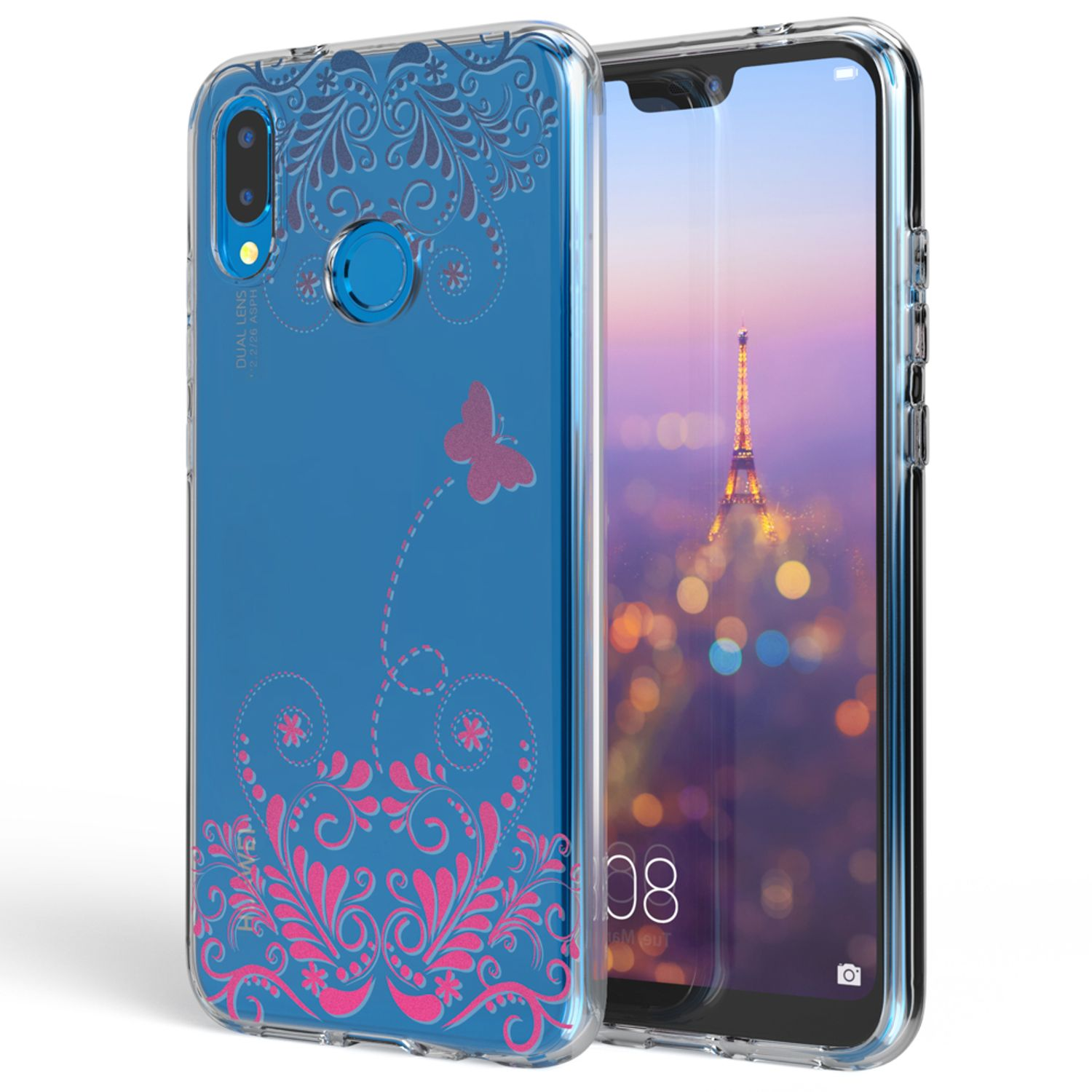 Telefon mit einer transparenten Hülle. Die Hülle hat ein florales Design mit einem Schmetterling auf blauem Hintergrund.