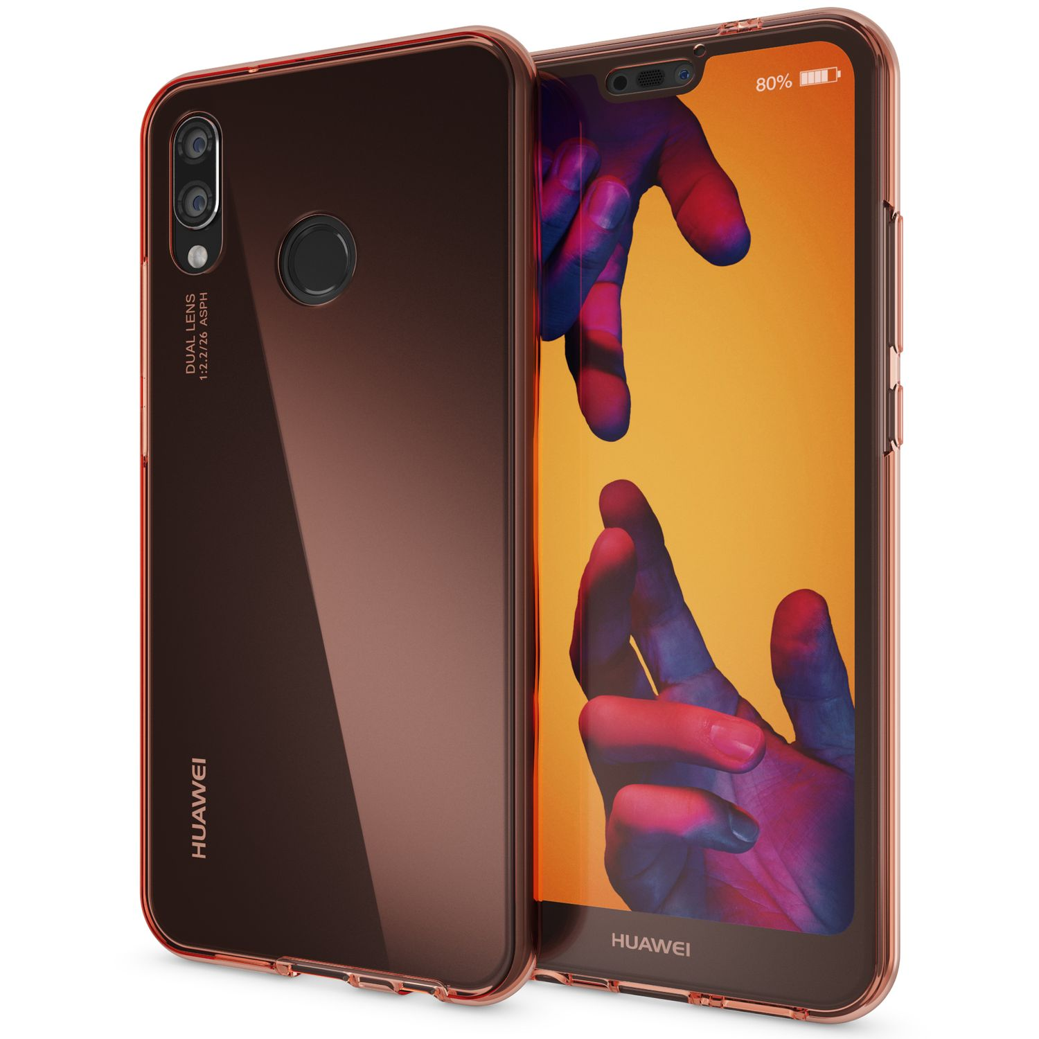 Ein Telefon in einer braunen Hülle wird mit einer transparenten Hülle gezeigt. Das Telefon hat eine Dual-Lens-Kamera.