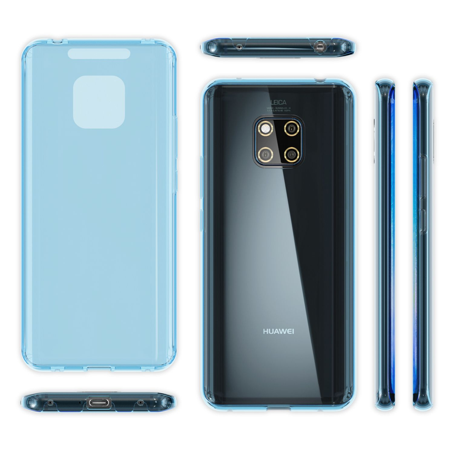 Blaue Handyhülle, transparent. Zeigt den Bildschirm des Telefons, die Rückseite mit Leica-Kamera und die Seiten.