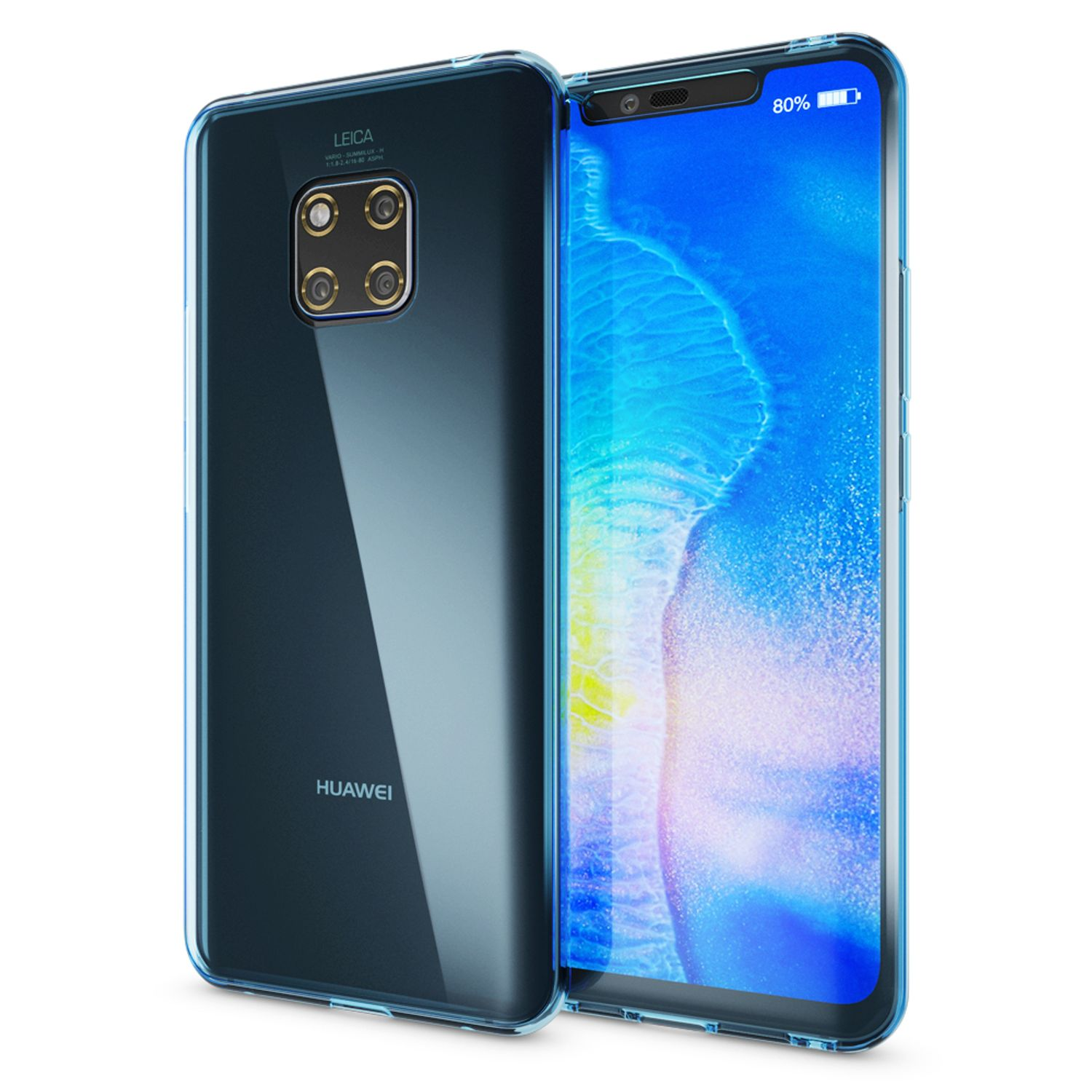 Blaue Handyhülle, transparent. Zeigt den Bildschirm des Telefons und die Rückseite mit Leica-Kamera.