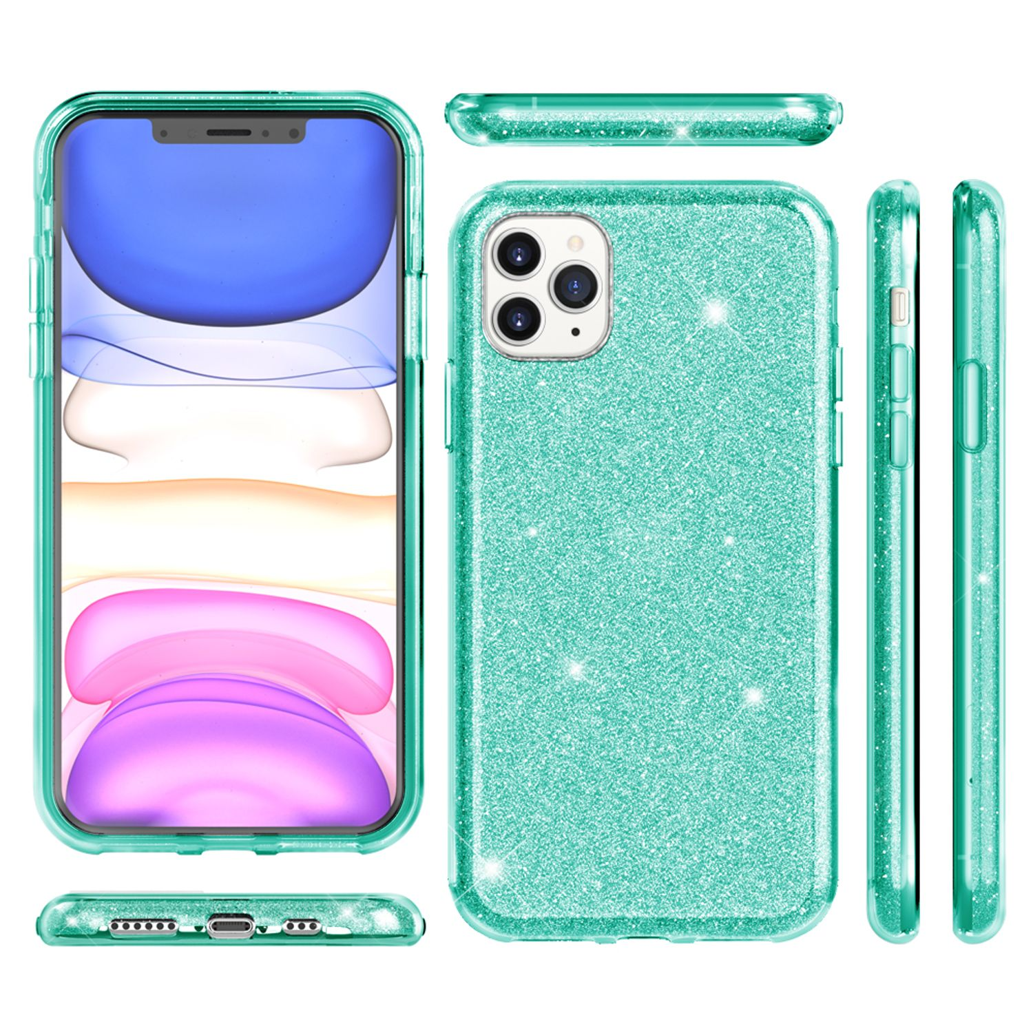 Funda verde con purpurina para un iPhone. Múltiples vistas de la funda con textura brillante.