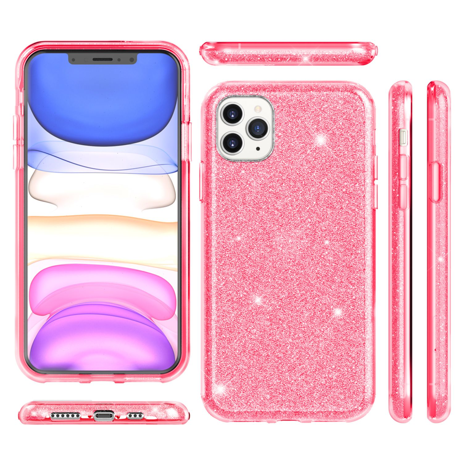 Funda rosa con purpurina para un iPhone. Múltiples vistas de la funda con textura brillante.
