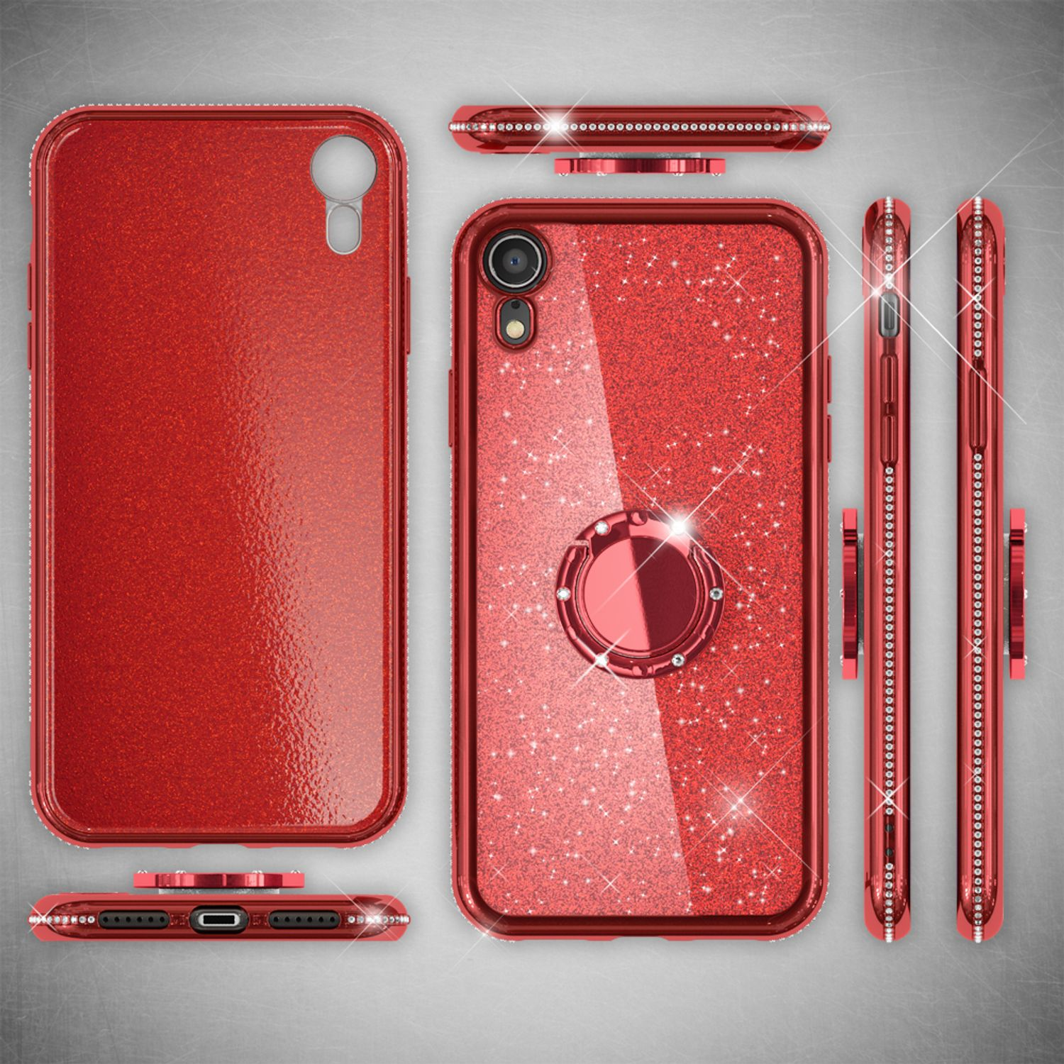 Rote Glitzer-Handyhülle, mehrere Ansichten. Strasssteine ​​verzieren die Seiten. Ringhalter auf der Rückseite. Funkelndes Design.