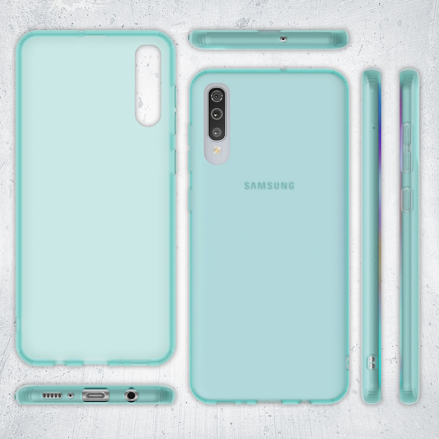 Hellblaue Handyhülle mit transparentem Design. Verschiedene Winkel der Handyhülle.