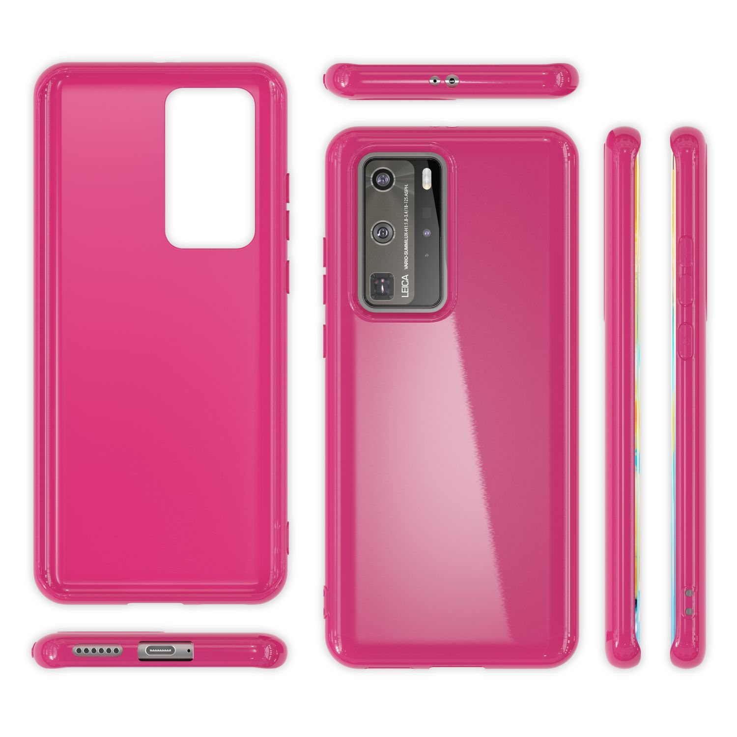 Pinke Handyhülle mit Aussparungen. Enthält eine Hülle, ein Telefon und Seitenansichten. Leica-Markenzeichen.