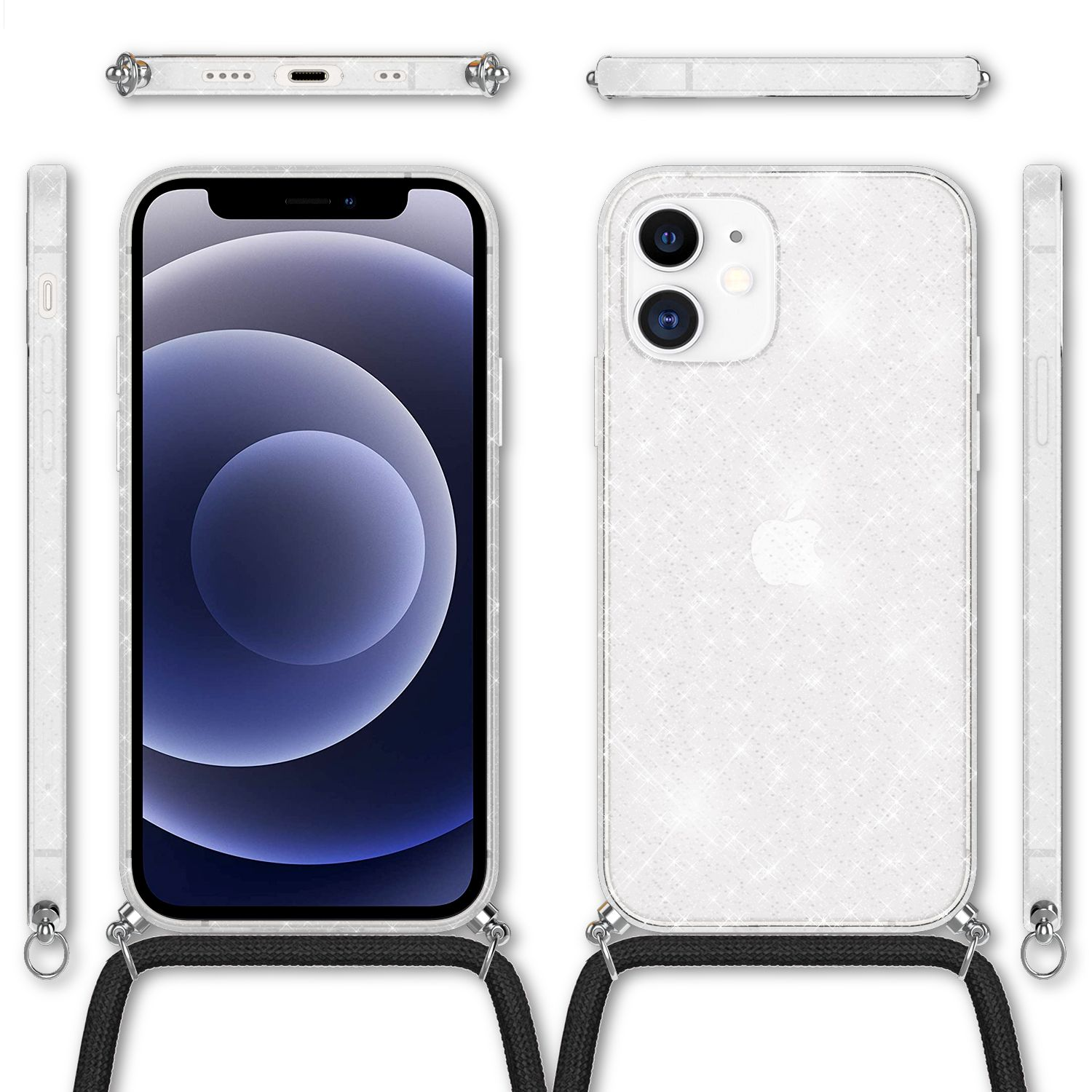 Transparente Handyhülle mit weißem Glitzer und schwarzem Riemen. Das Telefon ist sichtbar.