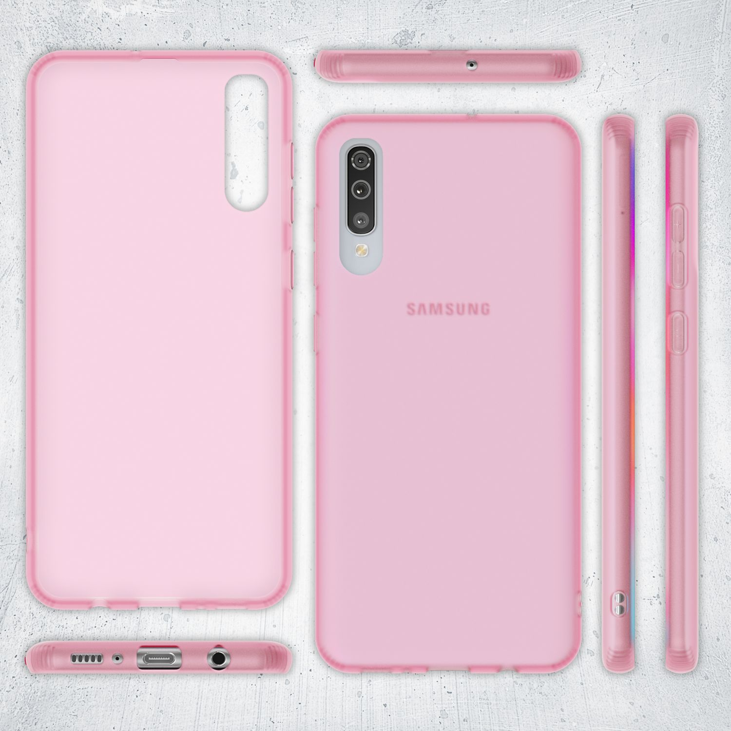 Rosa Handyhülle mit Aussparungen. Enthält eine Hülle, ein Telefon und Seitenansichten. Samsung-Logo auf der Rückseite.