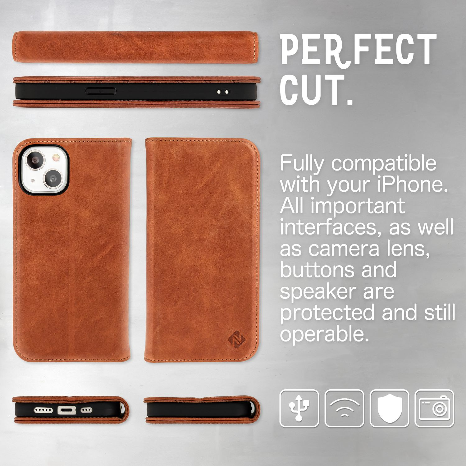 Funda de cuero para teléfono en secciones y en uso. Texto: Corte Perfecto.