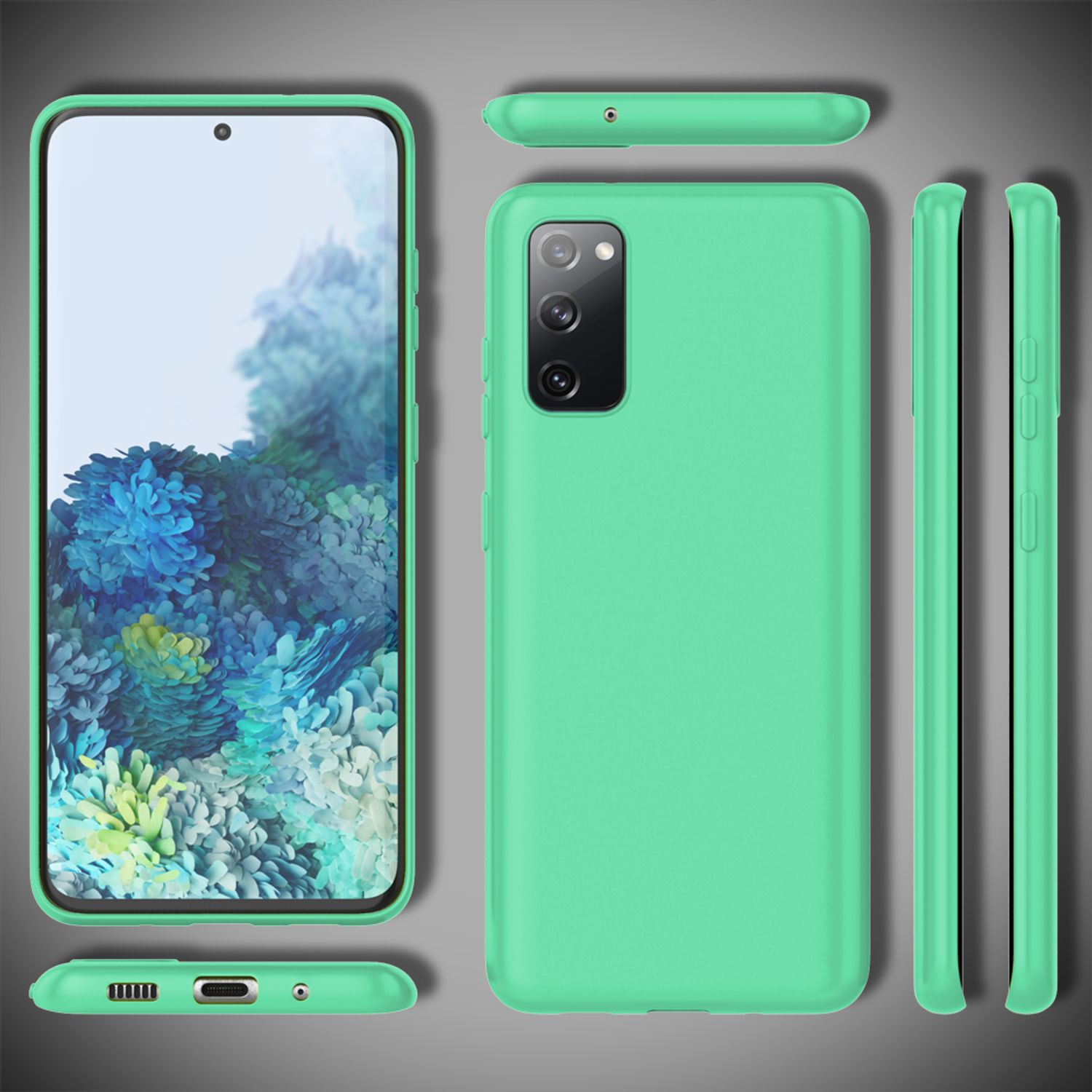 Grünes Telefon und Hüllen-Set. Verschiedene Ansichten des Telefons und der Hülle.