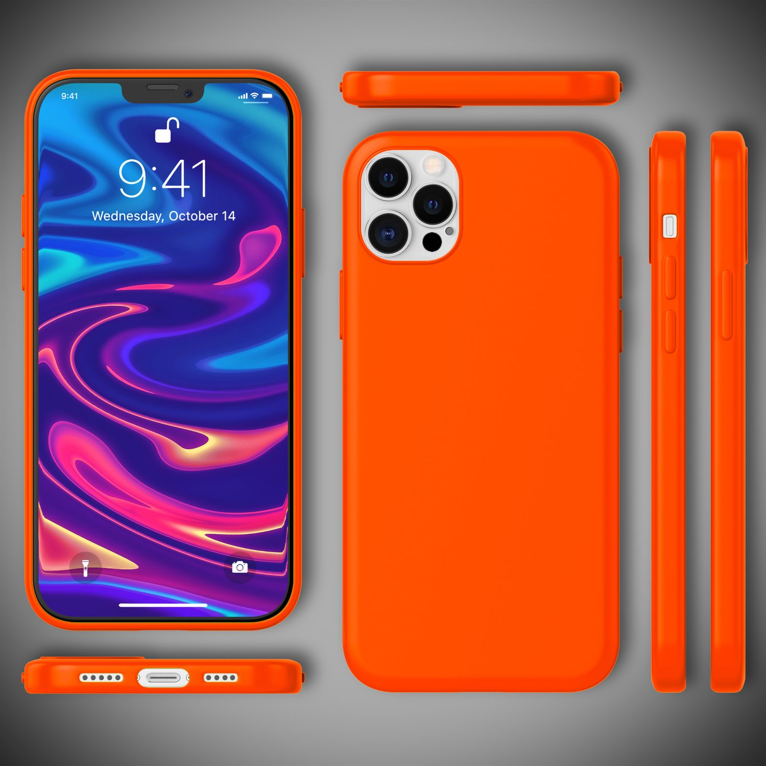 Orange Handyhüllen-Set: Telefon, Hülle und Kanten. Verschiedene Ansichten.