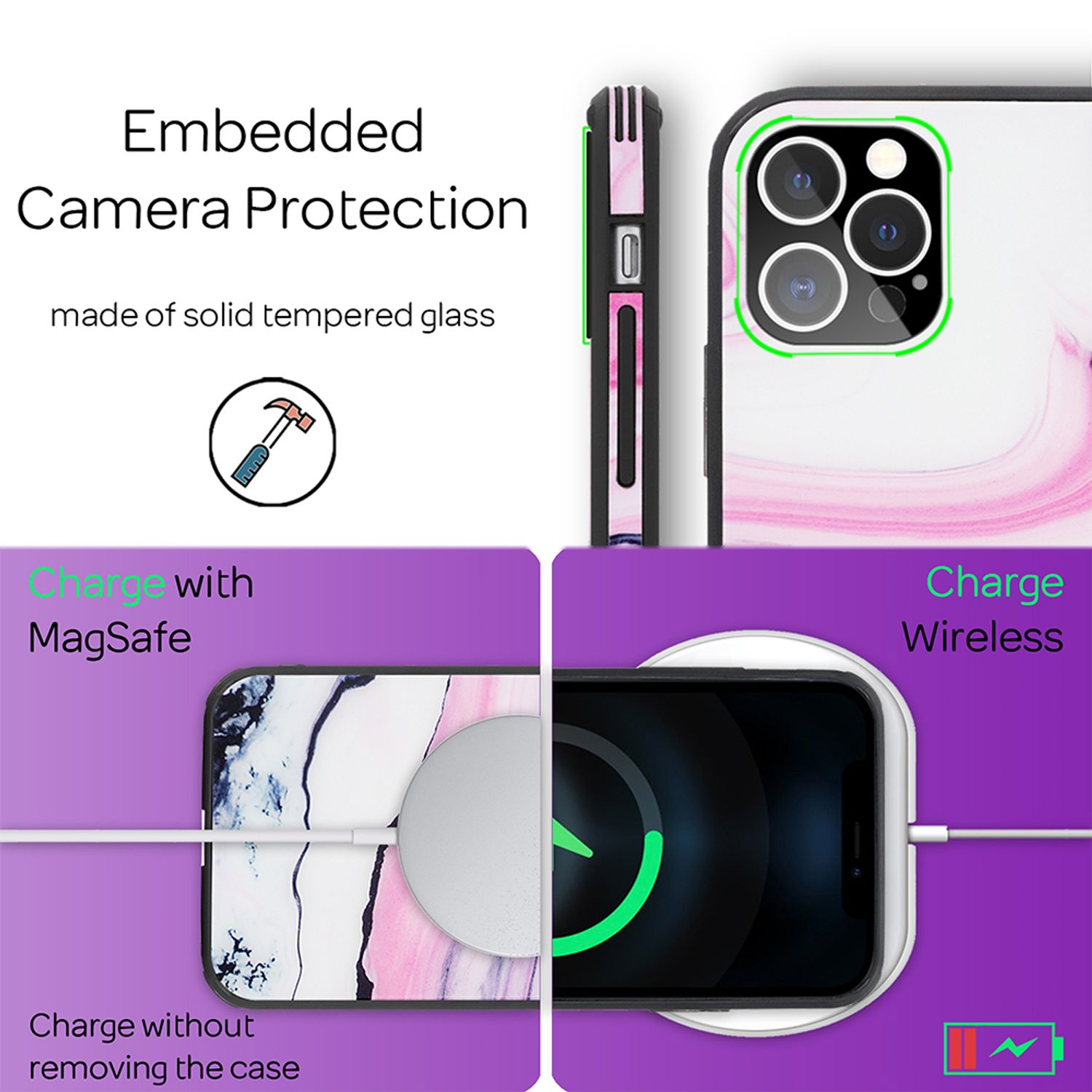 Imagen muestra características de la funda: protección de cámara, MagSafe y carga inalámbrica, con diseño mármol.
