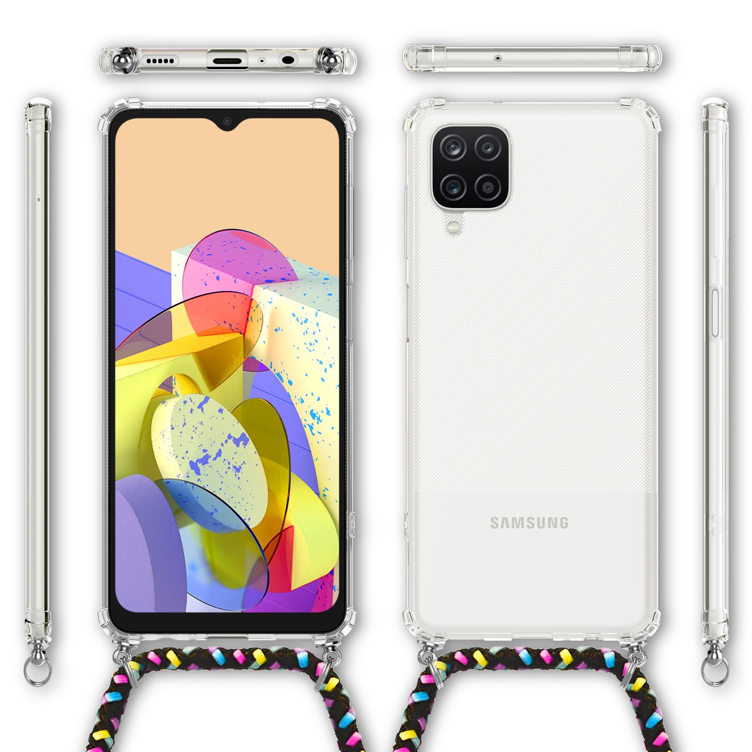 Custodia trasparente per telefono con cordino, telefono con arte astratta sullo schermo.