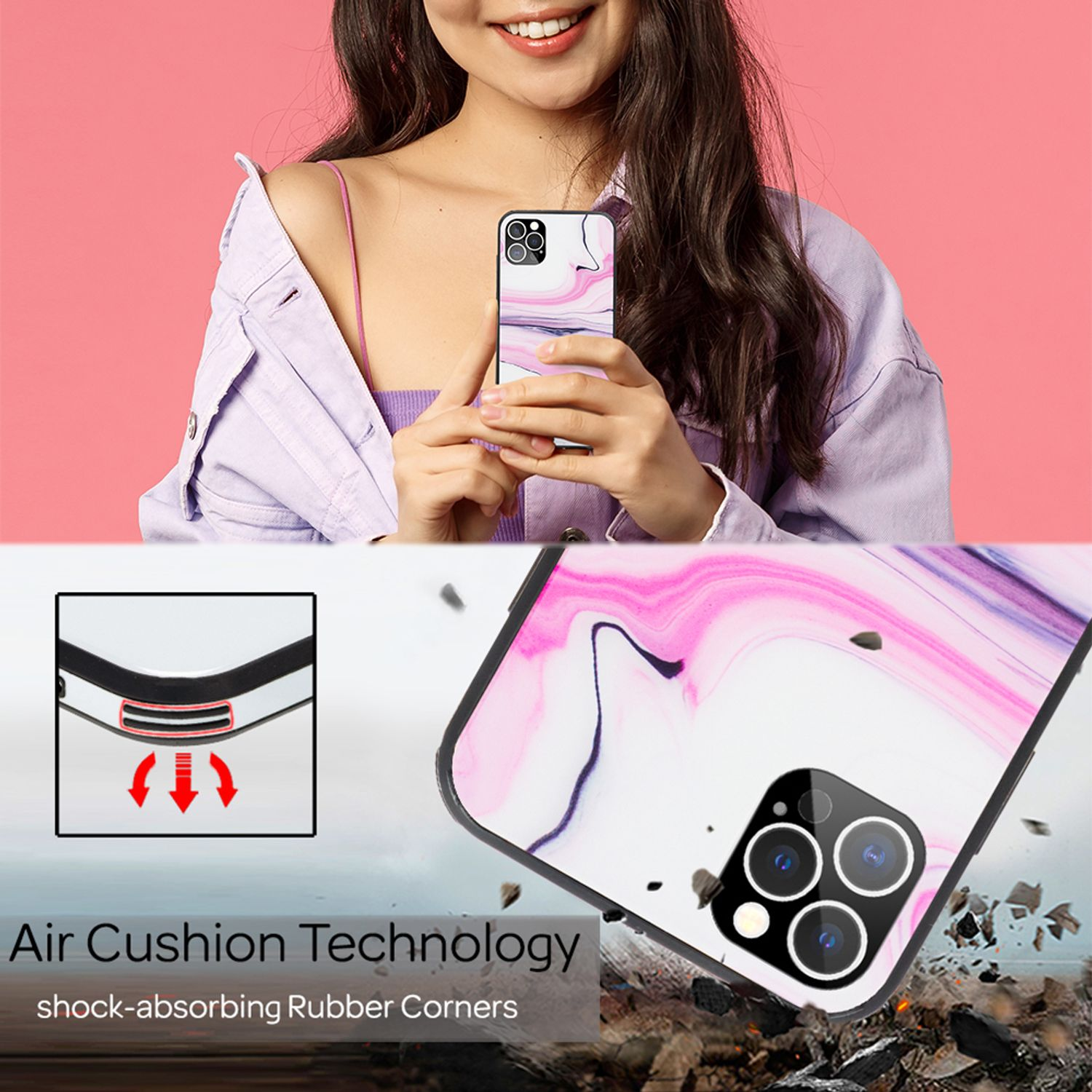 Mujer sosteniendo teléfono con funda de mármol. Texto: Air Cushion Technology.