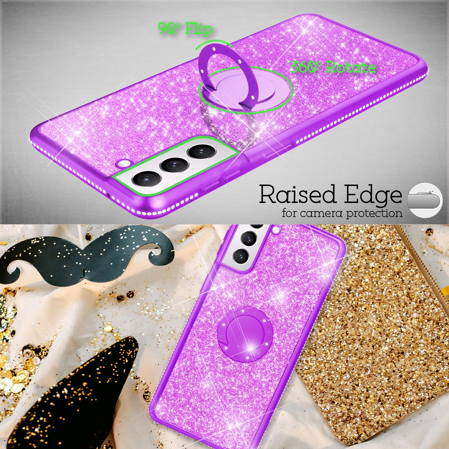 Eine lila glitzernde Handyhülle mit einem Ringhalter. Ein Telefon befindet sich in der Hülle. Die Hülle liegt auf einer glitzernden Oberfläche.