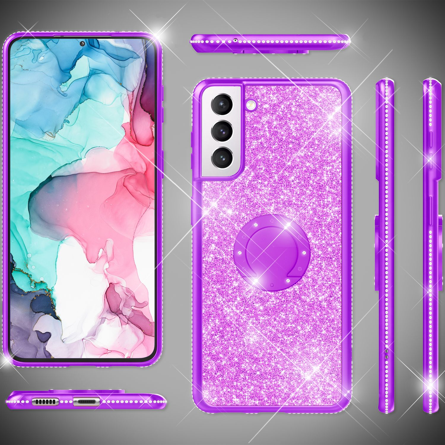 Eine lila glitzernde Handyhülle mit einem Ringhalter und einem Telefon darin. Die Hülle liegt auf einer glänzenden Oberfläche.