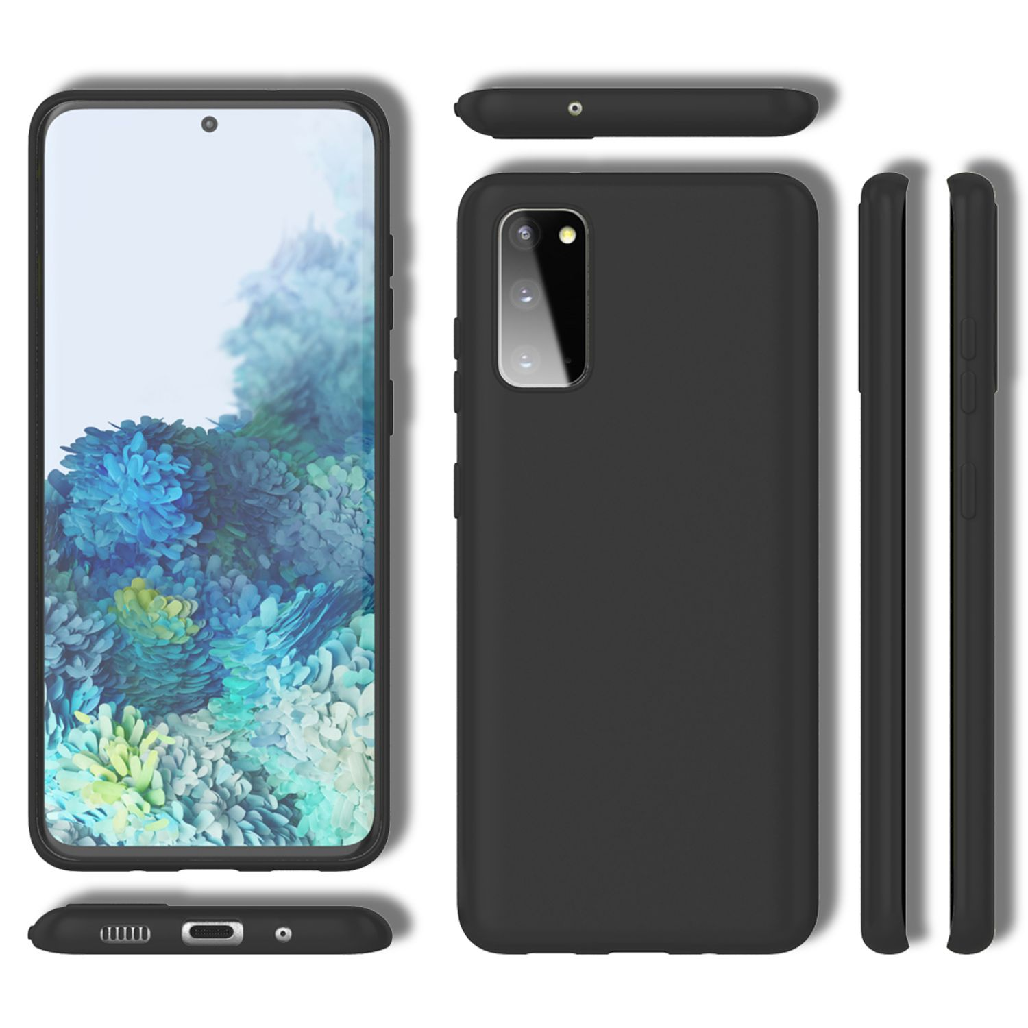 Ein schwarzes Telefon mit einer schwarzen Hülle. Das Telefon wird aus mehreren Blickwinkeln angezeigt. Die Hülle hat eine matte Oberfläche.