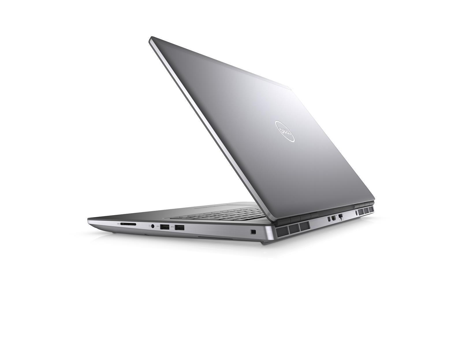 Silberner Laptop, geöffnet, leicht angewinkelt. Dell-Logo auf der Rückseite. Weißer Hintergrund.