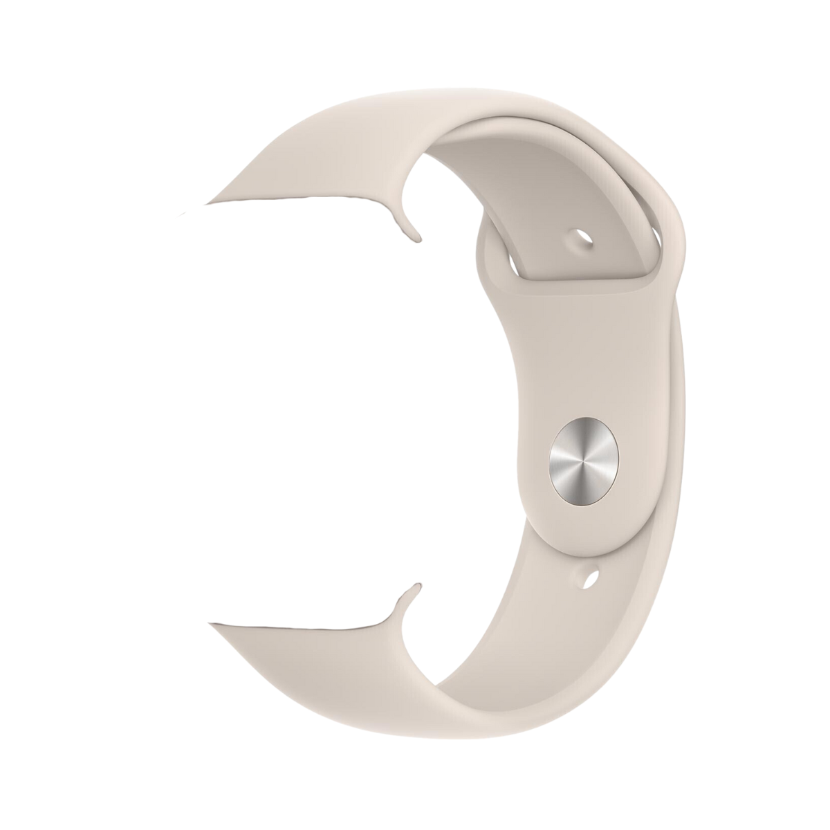 Ein hellcremefarbenes Uhrenarmband. Das Armband ist gebogen und hat einen silbernen Knopf. Auf weißem Hintergrund.