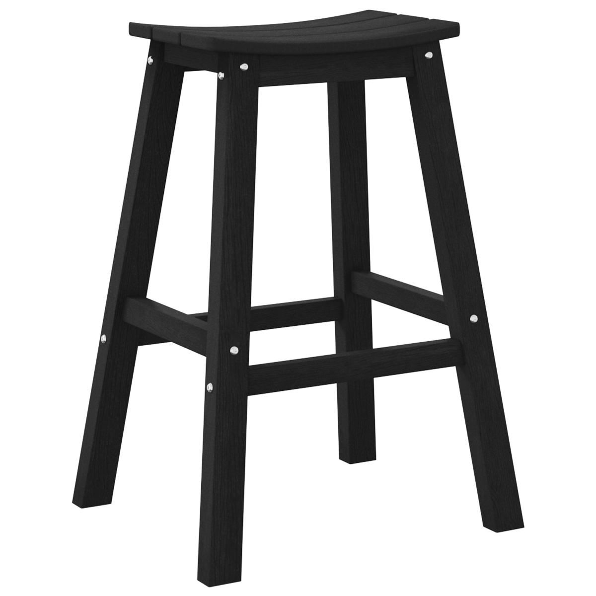 Holzbarhocker mit gebogener Sitzfläche. Schwarzer Rahmen, weißer Hintergrund. Seitenansicht.