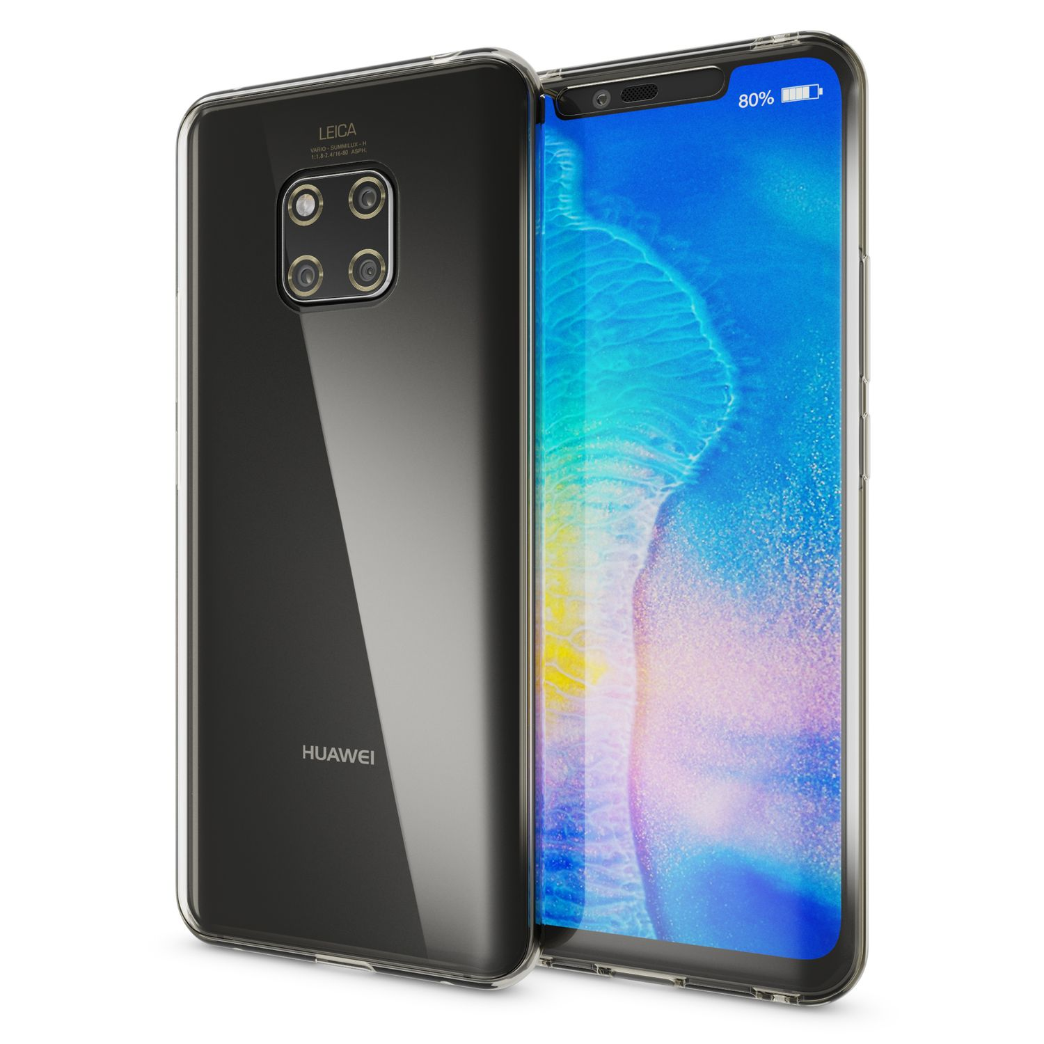 Smartphone in einer transparenten Hülle. Es zeigt die Rückseite und den Bildschirm. Der Bildschirm zeigt einen blauen Farbverlauf.