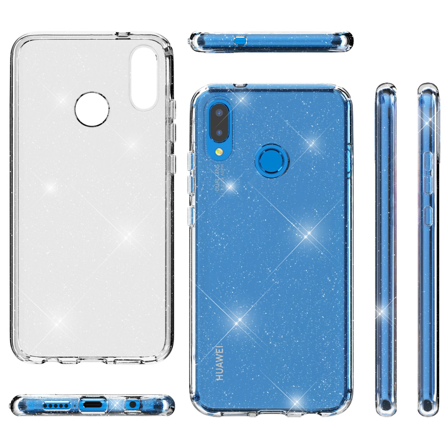 Eine transparente Handyhülle mit Glitzer und Dual-Objektiv-Kamera, mit sichtbaren Seitentasten.