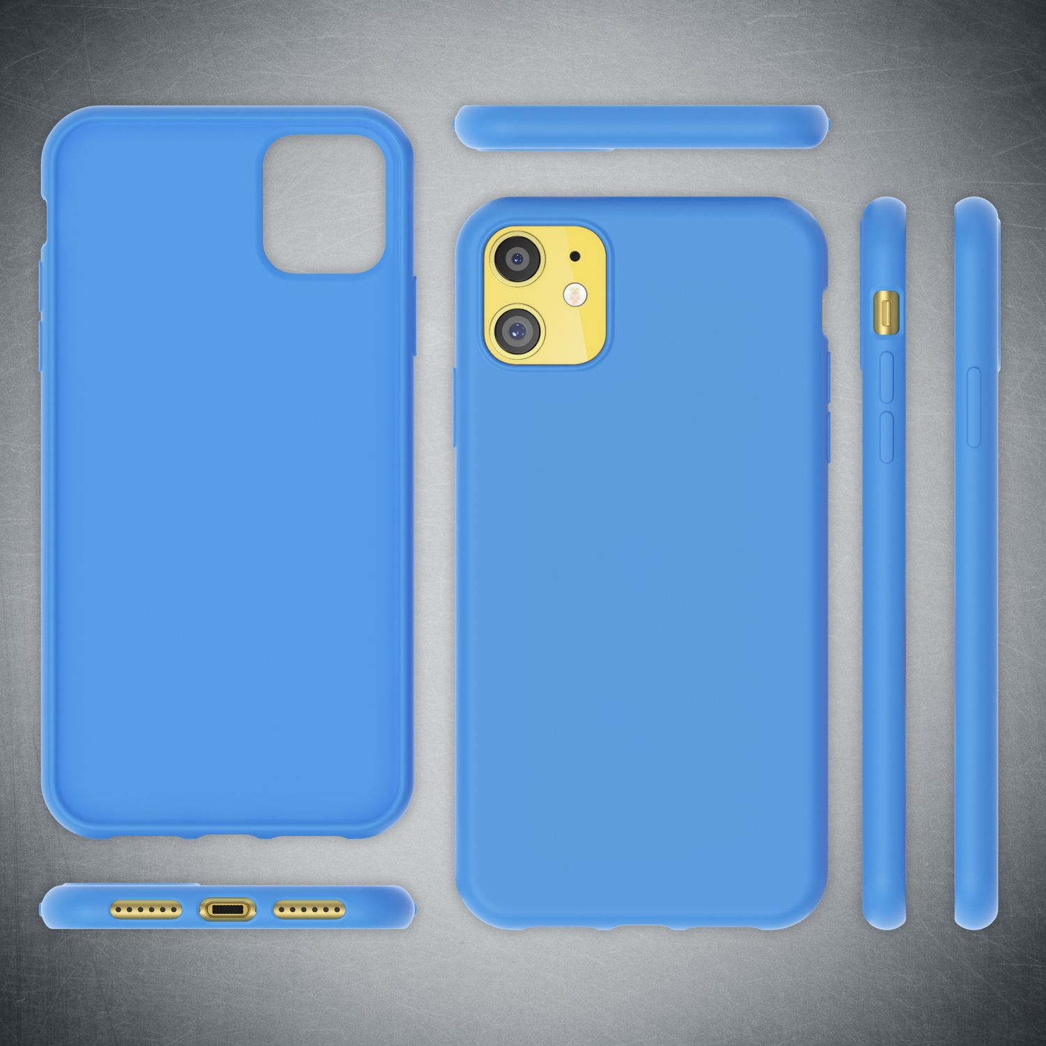 Blaue Handyhülle mit Handy in der Mitte. Zubehör ist um das Handy angeordnet. Der Hintergrund ist grau.