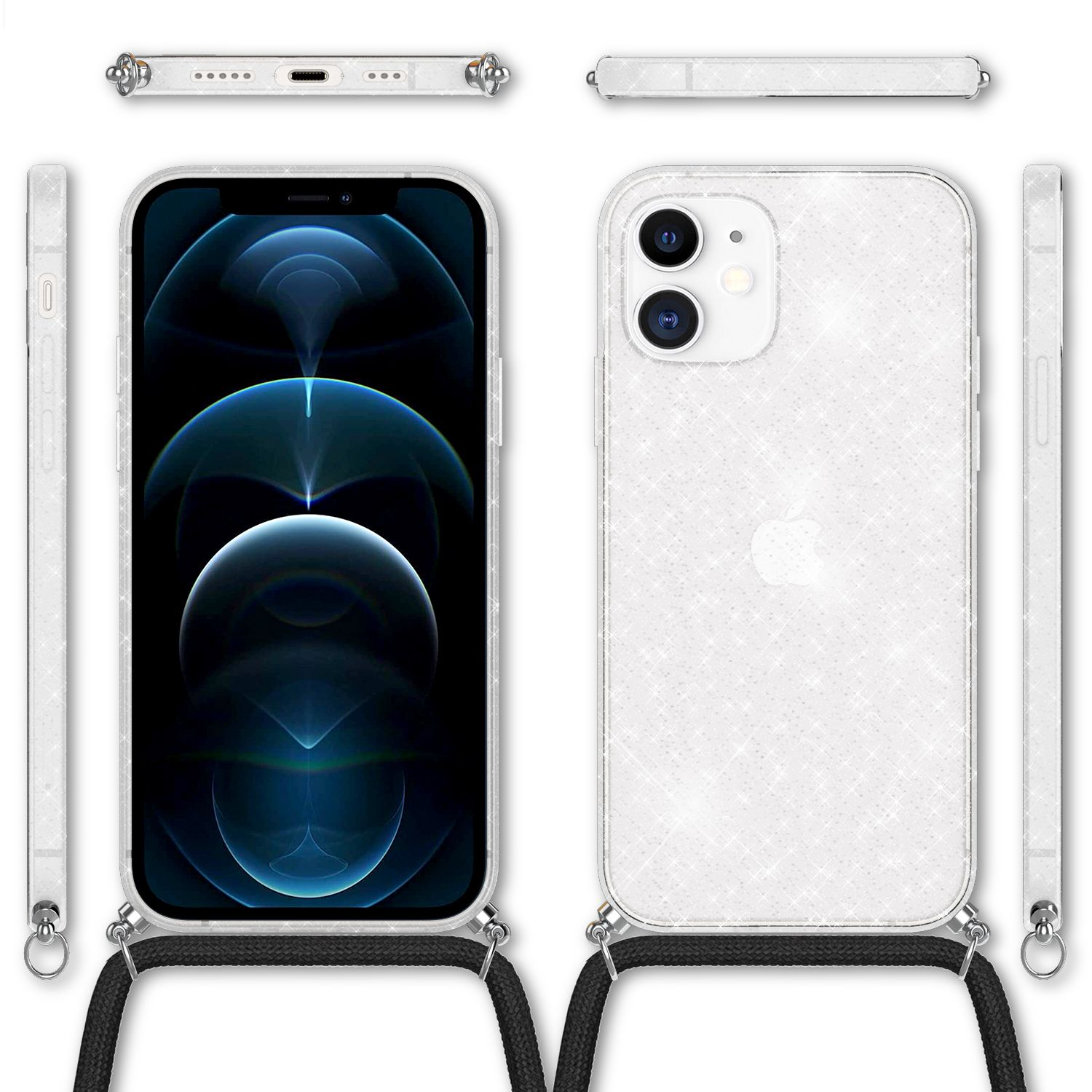 Múltiples vistas de una funda de teléfono blanca con correa y un teléfono con pantalla azul.