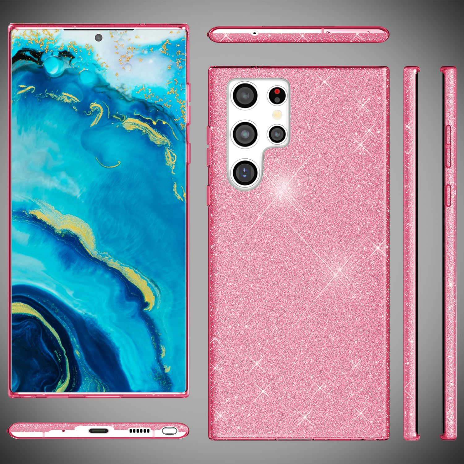 Rosa Glitzer-Handyhülle mit mehreren Ansichten. Ein Telefon mit einem blau-grünen Bild auf dem Bildschirm.