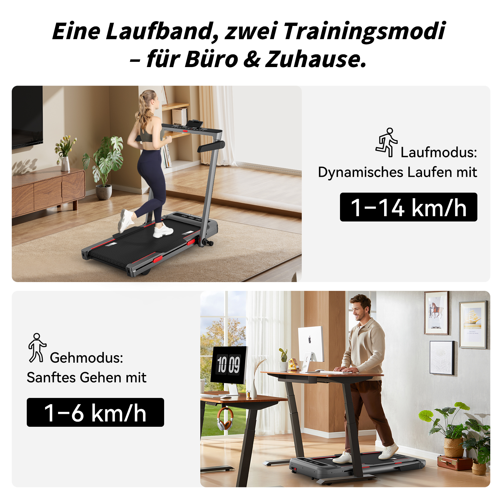 Eine Frau läuft auf einem Laufband und ein Mann arbeitet auf einem Laufband. Text: Laufband für Zuhause und Büro.