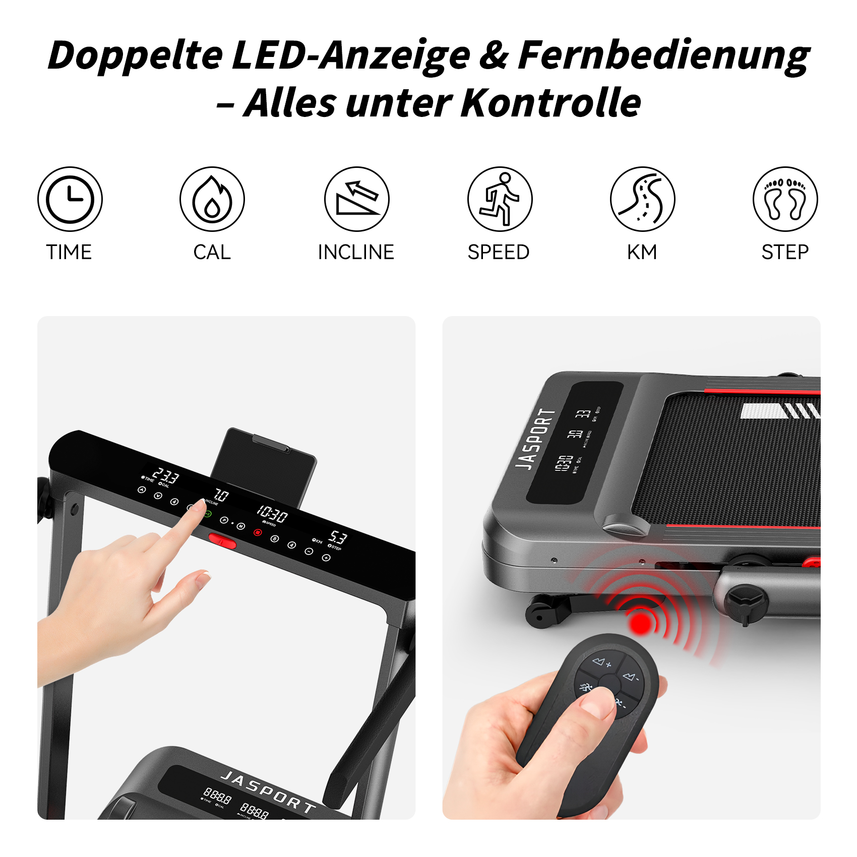Nahaufnahme eines Laufbands mit Touchscreen und Fernbedienung. Text: Doppeltes LED-Display & Fernbedienung.